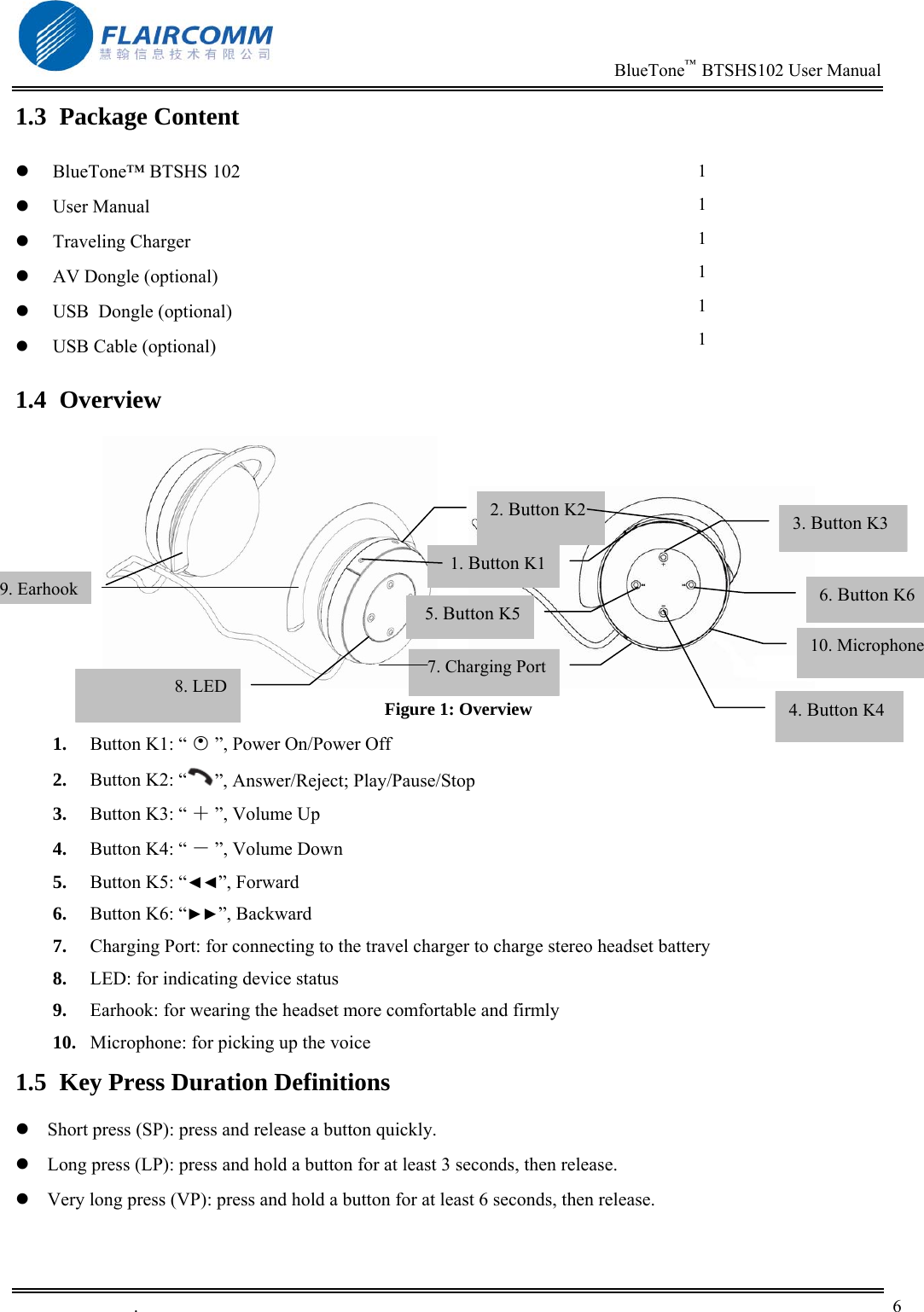                                                                          BlueTone&trade;  BTSHS102 User Manual   .       6    1.3 Package Content   BlueTone&trade; BTSHS 102   User Manual   Traveling Charger   AV Dongle (optional)   USB  Dongle (optional)   USB Cable (optional) 1 1 1 1 1 1 1.4 Overview          Figure 1: Overview 1.  Button K1: &ldquo; ○&bull; &rdquo;, Power On/Power Off 2.  Button K2: &ldquo; &rdquo;, Answer/Reject; Play/Pause/Stop 3.  Button K3: &ldquo; ＋ &rdquo;, Volume Up 4.  Button K4: &ldquo; － &rdquo;, Volume Down 5.  Button K5: &ldquo;◄◄&rdquo;, Forward 6.  Button K6: &ldquo;►►&rdquo;, Backward 7.  Charging Port: for connecting to the travel charger to charge stereo headset battery 8.  LED: for indicating device status 9.  Earhook: for wearing the headset more comfortable and firmly 10.  Microphone: for picking up the voice 1.5  Key Press Duration Definitions  Short press (SP): press and release a button quickly.  Long press (LP): press and hold a button for at least 3 seconds, then release.  Very long press (VP): press and hold a button for at least 6 seconds, then release. 8. LED9. Earhook3. Button K34. Button K46. Button K65. Button K52. Button K210. Microphone7. Charging Port1. Button K1