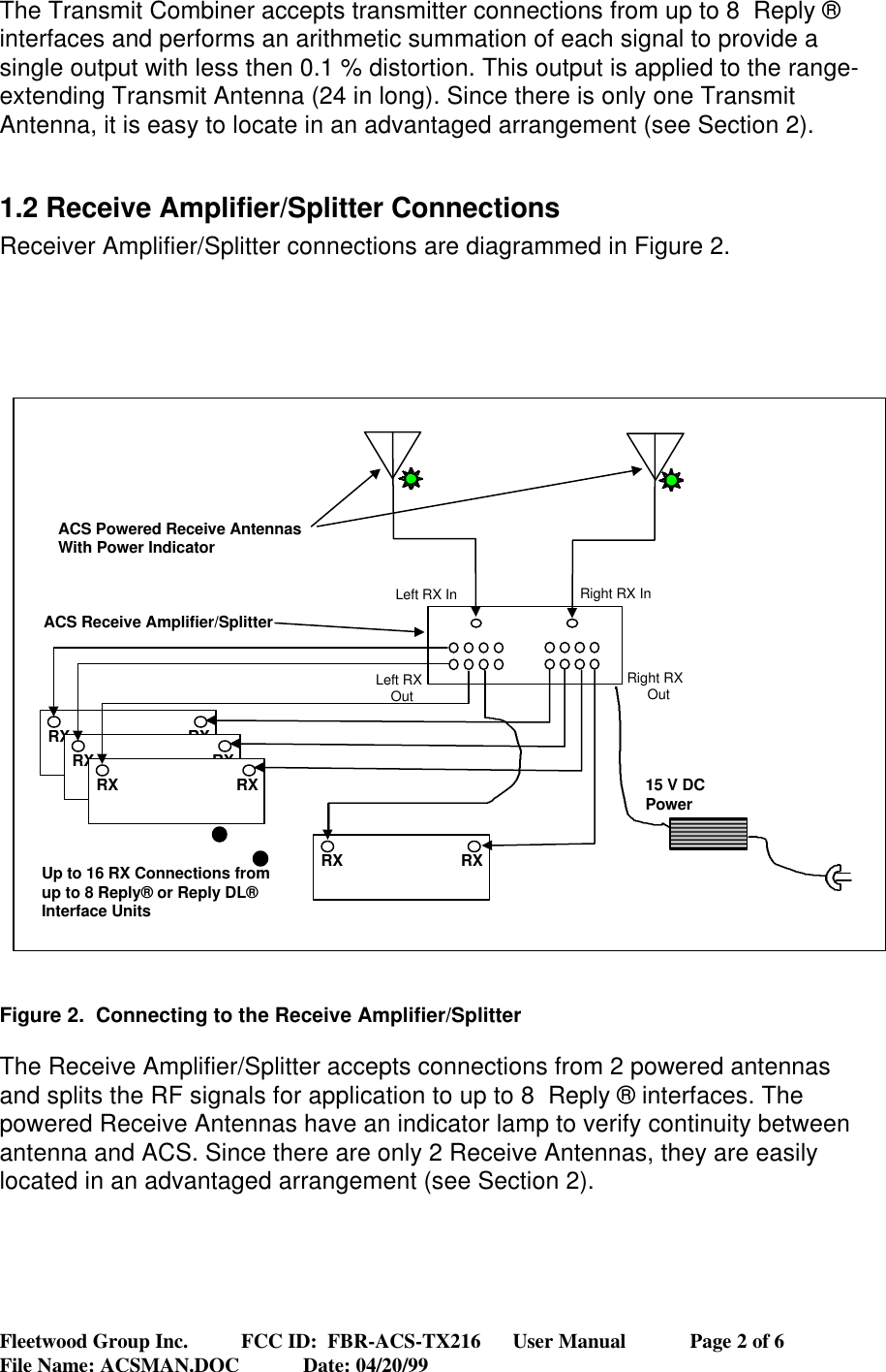 Fleetwood Group Inc.          FCC ID:  FBR-ACS-TX216      User Manual            Page 2 of 6File Name: ACSMAN.DOC            Date: 04/20/99The Transmit Combiner accepts transmitter connections from up to 8  Reply ®interfaces and performs an arithmetic summation of each signal to provide asingle output with less then 0.1 % distortion. This output is applied to the range-extending Transmit Antenna (24 in long). Since there is only one TransmitAntenna, it is easy to locate in an advantaged arrangement (see Section 2).1.2 Receive Amplifier/Splitter ConnectionsReceiver Amplifier/Splitter connections are diagrammed in Figure 2.Figure 2.  Connecting to the Receive Amplifier/SplitterThe Receive Amplifier/Splitter accepts connections from 2 powered antennasand splits the RF signals for application to up to 8  Reply ® interfaces. Thepowered Receive Antennas have an indicator lamp to verify continuity betweenantenna and ACS. Since there are only 2 Receive Antennas, they are easilylocated in an advantaged arrangement (see Section 2).15 V DCPowerUp to 16 RX Connections fromup to 8 Reply® or Reply DL®Interface UnitsACS Receive Amplifier/SplitterLeft RXOutRight RXOutRX                           RXRX                           RXRX                           RXRX                           RXACS Powered Receive AntennasWith Power IndicatorRight RX InLeft RX In