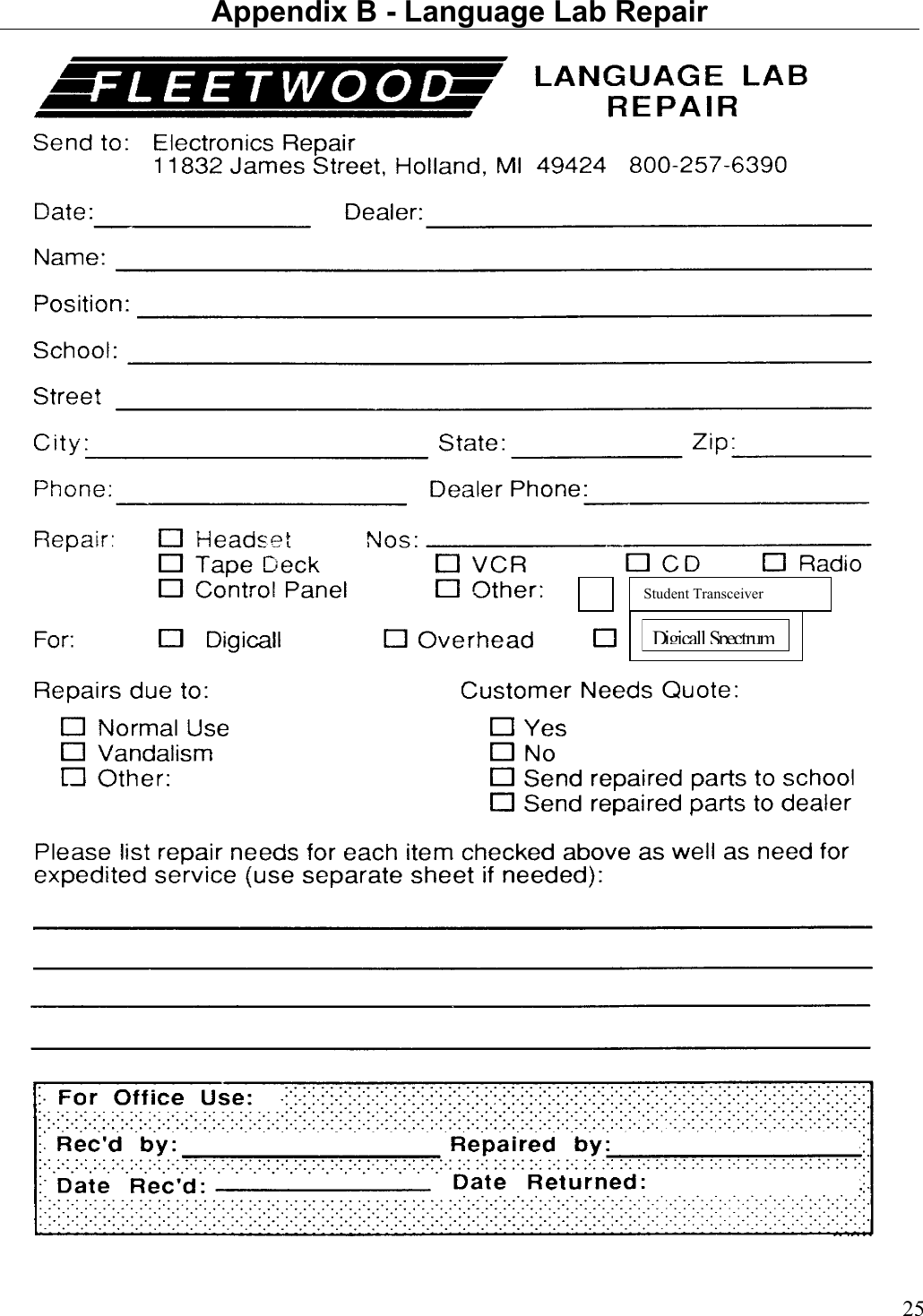  25 Appendix B - Language Lab Repair Digicall SpectrumStudent Transceiver  