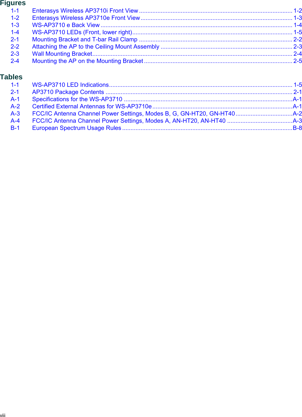 viii Figures1-1 Enterasys Wireless AP3710i Front View ............................................................................................ 1-21-2 Enterasys Wireless AP3710e Front View........................................................................................... 1-31-3 WS-AP3710 e Back View ................................................................................................................... 1-41-4 WS-AP3710 LEDs (Front, lower right)................................................................................................ 1-52-1 Mounting Bracket and T-bar Rail Clamp ............................................................................................ 2-22-2 Attaching the AP to the Ceiling Mount Assembly ...............................................................................2-32-3 Wall Mounting Bracket........................................................................................................................ 2-42-4 Mounting the AP on the Mounting Bracket ......................................................................................... 2-5Tables1-1 WS-AP3710 LED Indications.............................................................................................................. 1-52-1 AP3710 Package Contents ................................................................................................................ 2-1A-1 Specifications for the WS-AP3710 .....................................................................................................A-1A-2 Certified External Antennas for WS-AP3710e....................................................................................A-1A-3 FCC/IC Antenna Channel Power Settings, Modes B, G, GN-HT20, GN-HT40..................................A-2A-4 FCC/IC Antenna Channel Power Settings, Modes A, AN-HT20, AN-HT40 .......................................A-3B-1 European Spectrum Usage Rules ......................................................................................................B-8