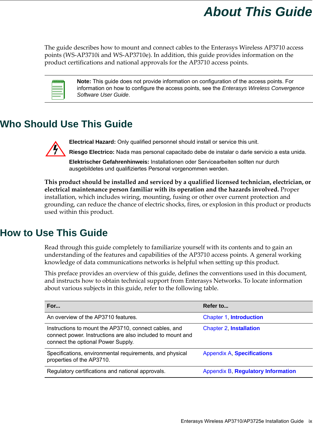 Enterasys Wireless AP3710/AP3725e Installation Guide ixAbout This GuideThe guide describes how to mount and connect cables to the Enterasys Wireless AP3710 access points (WS-AP3710i and WS-AP3710e). In addition, this guide provides information on the product certifications and national approvals for the AP3710 access points.Who Should Use This GuideThis product should be installed and serviced by a qualified licensed technician, electrician, or electrical maintenance person familiar with its operation and the hazards involved. Proper installation, which includes wiring, mounting, fusing or other over current protection and grounding, can reduce the chance of electric shocks, fires, or explosion in this product or products used within this product.How to Use This GuideRead through this guide completely to familiarize yourself with its contents and to gain an understanding of the features and capabilities of the AP3710 access points. A general working knowledge of data communications networks is helpful when setting up this product.This preface provides an overview of this guide, defines the conventions used in this document, and instructs how to obtain technical support from Enterasys Networks. To locate information about various subjects in this guide, refer to the following table.Note: This guide does not provide information on configuration of the access points. For information on how to configure the access points, see the Enterasys Wireless Convergence Software User Guide.Electrical Hazard: Only qualified personnel should install or service this unit.Riesgo Electrico: Nada mas personal capacitado debe de instalar o darle servicio a esta unida.Elektrischer Gefahrenhinweis: Installationen oder Servicearbeiten sollten nur durch ausgebildetes und qualifiziertes Personal vorgenommen werden.For... Refer to...An overview of the AP3710 features. Chapter 1, IntroductionInstructions to mount the AP3710, connect cables, and connect power. Instructions are also included to mount and connect the optional Power Supply.Chapter 2, InstallationSpecifications, environmental requirements, and physical properties of the AP3710.Appendix A, SpecificationsRegulatory certifications and national approvals. Appendix B, Regulatory Information