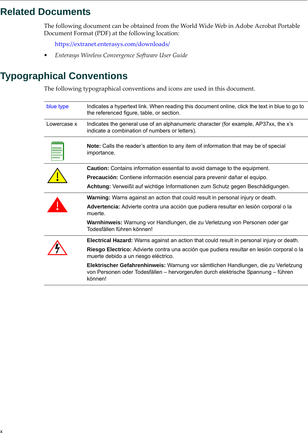 xRelated DocumentsThe following document can be obtained from the World Wide Web in Adobe Acrobat Portable Document Format (PDF) at the following location:https://extranet.enterasys.com/downloads/• Enterasys Wireless Convergence Software User GuideTypographical ConventionsThe following typographical conventions and icons are used in this document.blue type Indicates a hypertext link. When reading this document online, click the text in blue to go to the referenced figure, table, or section.Lowercase x Indicates the general use of an alphanumeric character (for example, AP37xx, the x’s indicate a combination of numbers or letters).Note: Calls the reader’s attention to any item of information that may be of special importance.Caution: Contains information essential to avoid damage to the equipment.Precaución: Contiene información esencial para prevenir dañar el equipo.Achtung: Verweißt auf wichtige Informationen zum Schutz gegen Beschädigungen.Warning: Warns against an action that could result in personal injury or death.Advertencia: Advierte contra una acción que pudiera resultar en lesión corporal o la muerte.Warnhinweis: Warnung vor Handlungen, die zu Verletzung von Personen oder gar Todesfällen führen können!Electrical Hazard: Warns against an action that could result in personal injury or death.Riesgo Electrico: Advierte contra una acción que pudiera resultar en lesión corporal o la muerte debido a un riesgo eléctrico.Elektrischer Gefahrenhinweis: Warnung vor sämtlichen Handlungen, die zu Verletzung von Personen oder Todesfällen – hervorgerufen durch elektrische Spannung – führen können!