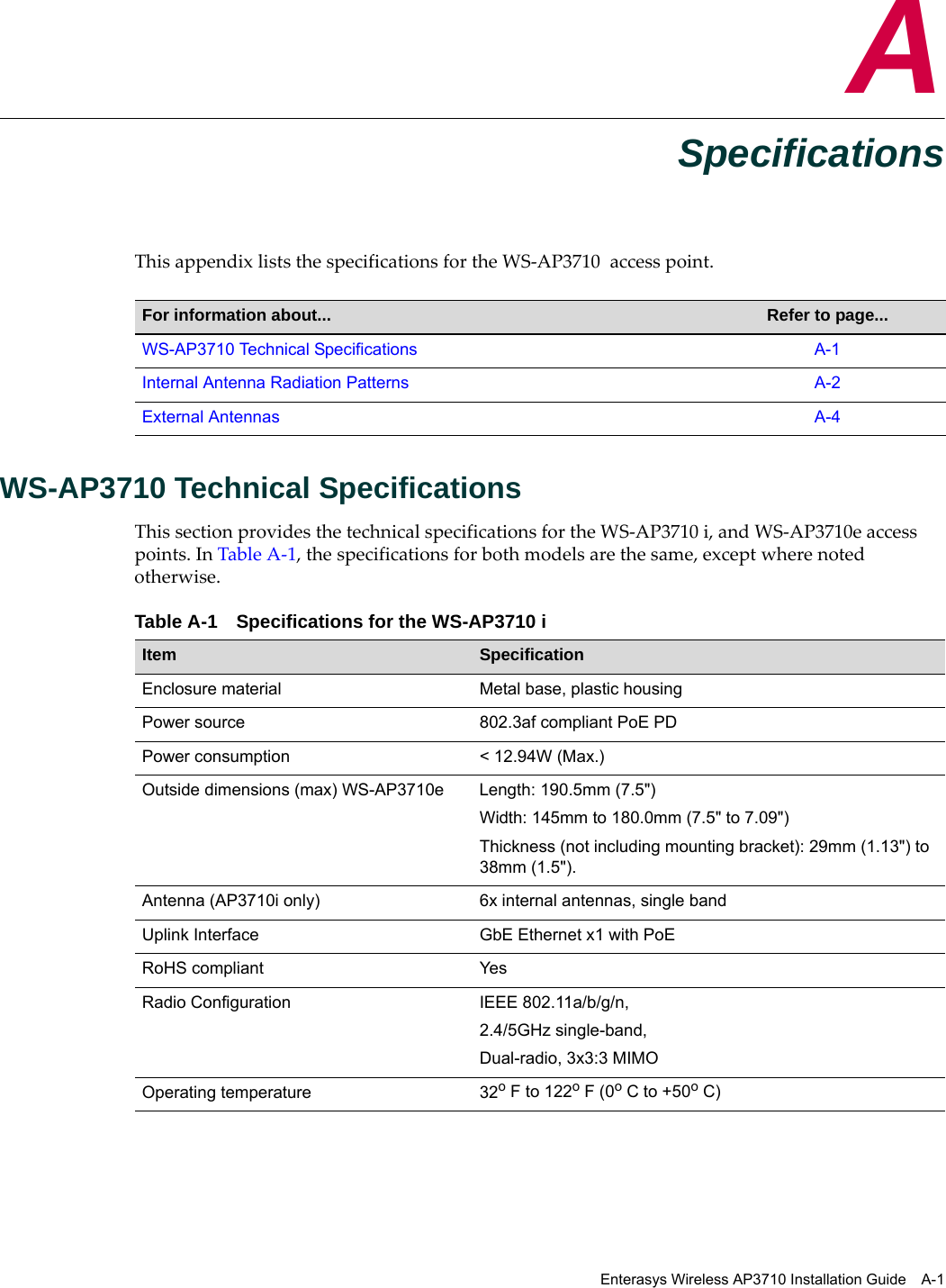 Enterasys Wireless AP3710 Installation Guide A-1ASpecificationsThis appendix lists the specifications for the WS-AP3710 access point.WS-AP3710 Technical SpecificationsThis section provides the technical specifications for the WS-AP3710 i, and WS-AP3710e access points. In Table A-1, the specifications for both models are the same, except where noted otherwise.For information about... Refer to page...WS-AP3710 Technical Specifications A-1Internal Antenna Radiation Patterns A-2External Antennas A-4Table A-1 Specifications for the WS-AP3710 i Item SpecificationEnclosure material Metal base, plastic housingPower source 802.3af compliant PoE PDPower consumption < 12.94W (Max.)Outside dimensions (max) WS-AP3710e Length: 190.5mm (7.5") Width: 145mm to 180.0mm (7.5" to 7.09") Thickness (not including mounting bracket): 29mm (1.13") to 38mm (1.5").Antenna (AP3710i only) 6x internal antennas, single bandUplink Interface GbE Ethernet x1 with PoERoHS compliant YesRadio Configuration IEEE 802.11a/b/g/n, 2.4/5GHz single-band, Dual-radio, 3x3:3 MIMOOperating temperature 32o F to 122o F (0o C to +50o C)