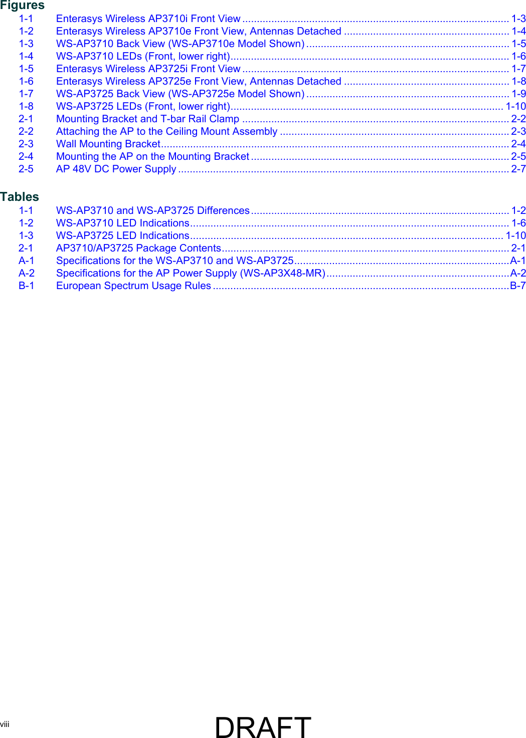 viii  Figures1-1 Enterasys Wireless AP3710i Front View ............................................................................................ 1-31-2 Enterasys Wireless AP3710e Front View, Antennas Detached ......................................................... 1-41-3 WS-AP3710 Back View (WS-AP3710e Model Shown) ...................................................................... 1-51-4 WS-AP3710 LEDs (Front, lower right)................................................................................................ 1-61-5 Enterasys Wireless AP3725i Front View ............................................................................................ 1-71-6 Enterasys Wireless AP3725e Front View, Antennas Detached ......................................................... 1-81-7 WS-AP3725 Back View (WS-AP3725e Model Shown) ...................................................................... 1-91-8 WS-AP3725 LEDs (Front, lower right).............................................................................................. 1-102-1 Mounting Bracket and T-bar Rail Clamp ............................................................................................ 2-22-2 Attaching the AP to the Ceiling Mount Assembly ...............................................................................2-32-3 Wall Mounting Bracket........................................................................................................................ 2-42-4 Mounting the AP on the Mounting Bracket ......................................................................................... 2-52-5 AP 48V DC Power Supply .................................................................................................................. 2-7Tables1-1 WS-AP3710 and WS-AP3725 Differences......................................................................................... 1-21-2 WS-AP3710 LED Indications.............................................................................................................. 1-61-3 WS-AP3725 LED Indications............................................................................................................ 1-102-1 AP3710/AP3725 Package Contents................................................................................................... 2-1A-1 Specifications for the WS-AP3710 and WS-AP3725..........................................................................A-1A-2 Specifications for the AP Power Supply (WS-AP3X48-MR)...............................................................A-2B-1 European Spectrum Usage Rules ......................................................................................................B-7DRAFT