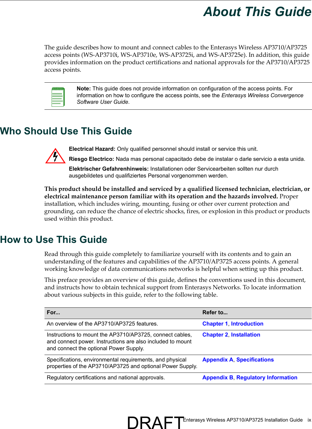 Enterasys Wireless AP3710/AP3725 Installation Guide ixAbout This GuideThe guide describes how to mount and connect cables to the Enterasys Wireless AP3710/AP3725 access points (WS-AP3710i, WS-AP3710e, WS-AP3725i, and WS-AP3725e). In addition, this guide provides information on the product certifications and national approvals for the AP3710/AP3725 access points.Who Should Use This GuideThis product should be installed and serviced by a qualified licensed technician, electrician, or electrical maintenance person familiar with its operation and the hazards involved. Proper installation, which includes wiring, mounting, fusing or other over current protection and grounding, can reduce the chance of electric shocks, fires, or explosion in this product or products used within this product.How to Use This GuideRead through this guide completely to familiarize yourself with its contents and to gain an understanding of the features and capabilities of the AP3710/AP3725 access points. A general working knowledge of data communications networks is helpful when setting up this product.This preface provides an overview of this guide, defines the conventions used in this document, and instructs how to obtain technical support from Enterasys Networks. To locate information about various subjects in this guide, refer to the following table.Note: This guide does not provide information on configuration of the access points. For information on how to configure the access points, see the Enterasys Wireless Convergence Software User Guide.Electrical Hazard: Only qualified personnel should install or service this unit.Riesgo Electrico: Nada mas personal capacitado debe de instalar o darle servicio a esta unida.Elektrischer Gefahrenhinweis: Installationen oder Servicearbeiten sollten nur durch ausgebildetes und qualifiziertes Personal vorgenommen werden.For...  Refer to...An overview of the AP3710/AP3725 features. Chapter 1, IntroductionInstructions to mount the AP3710/AP3725, connect cables, and connect power. Instructions are also included to mount and connect the optional Power Supply.Chapter 2, InstallationSpecifications, environmental requirements, and physical properties of the AP3710/AP3725 and optional Power Supply.Appendix A, SpecificationsRegulatory certifications and national approvals. Appendix B, Regulatory InformationDRAFT