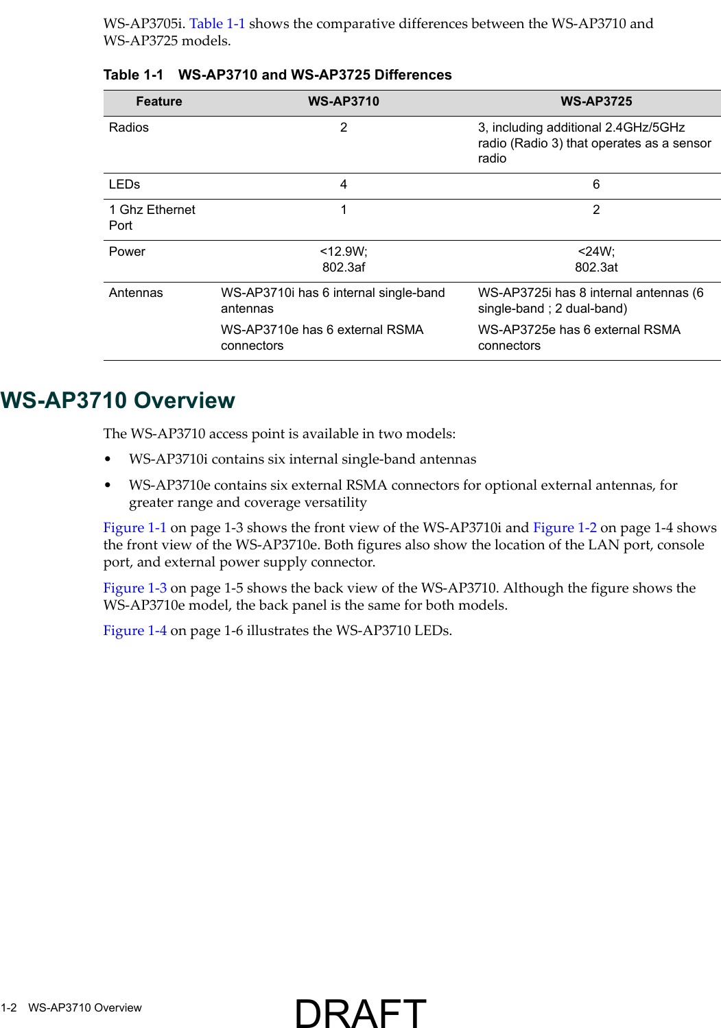 1-2 WS-AP3710 OverviewWS-AP3705i. Table 1-1 shows the comparative differences between the WS-AP3710 and WS-AP3725 models.WS-AP3710 OverviewThe WS-AP3710 access point is available in two models: &bull; WS-AP3710i contains six internal single-band antennas &bull; WS-AP3710e contains six external RSMA connectors for optional external antennas, for greater range and coverage versatility Figure 1-1 on page 1-3 shows the front view of the WS-AP3710i and Figure 1-2 on page 1-4 shows the front view of the WS-AP3710e. Both figures also show the location of the LAN port, console port, and external power supply connector.Figure 1-3 on page 1-5 shows the back view of the WS-AP3710. Although the figure shows the WS-AP3710e model, the back panel is the same for both models.Figure 1-4 on page 1-6 illustrates the WS-AP3710 LEDs.Table 1-1 WS-AP3710 and WS-AP3725 DifferencesFeature WS-AP3710 WS-AP3725Radios 2 3, including additional 2.4GHz/5GHz radio (Radio 3) that operates as a sensor radioLEDs 4 61 Ghz Ethernet Port12Power <12.9W;802.3af<24W; 802.3atAntennas WS-AP3710i has 6 internal single-band antennasWS-AP3710e has 6 external RSMA connectorsWS-AP3725i has 8 internal antennas (6 single-band ; 2 dual-band)WS-AP3725e has 6 external RSMA connectorsDRAFT