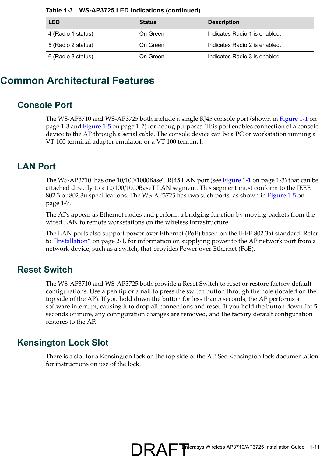 Enterasys Wireless AP3710/AP3725 Installation Guide 1-11Common Architectural FeaturesConsole PortThe WS-AP3710 and WS-AP3725 both include a single RJ45 console port (shown in Figure 1-1 on page 1-3 and Figure 1-5 on page 1-7) for debug purposes. This port enables connection of a console device to the AP through a serial cable. The console device can be a PC or workstation running a VT-100 terminal adapter emulator, or a VT-100 terminal.LAN PortThe WS-AP3710  has one 10/100/1000BaseT RJ45 LAN port (see Figure 1-1 on page 1-3) that can be attached directly to a 10/100/1000BaseT LAN segment. This segment must conform to the IEEE 802.3 or 802.3u specifications. The WS-AP3725 has two such ports, as shown in Figure 1-5 on page 1-7.The APs appear as Ethernet nodes and perform a bridging function by moving packets from the wired LAN to remote workstations on the wireless infrastructure.The LAN ports also support power over Ethernet (PoE) based on the IEEE 802.3at standard. Refer to &ldquo;Installation&rdquo; on page 2-1, for information on supplying power to the AP network port from a network device, such as a switch, that provides Power over Ethernet (PoE).Reset SwitchThe WS-AP3710 and WS-AP3725 both provide a Reset Switch to reset or restore factory default configurations. Use a pen tip or a nail to press the switch button through the hole (located on the top side of the AP). If you hold down the button for less than 5 seconds, the AP performs a software interrupt, causing it to drop all connections and reset. If you hold the button down for 5 seconds or more, any configuration changes are removed, and the factory default configuration restores to the AP.Kensington Lock SlotThere is a slot for a Kensington lock on the top side of the AP. See Kensington lock documentation for instructions on use of the lock.4 (Radio 1 status) On Green Indicates Radio 1 is enabled.5 (Radio 2 status) On Green Indicates Radio 2 is enabled.6 (Radio 3 status) On Green Indicates Radio 3 is enabled.Table 1-3 WS-AP3725 LED Indications (continued)LED Status DescriptionDRAFT