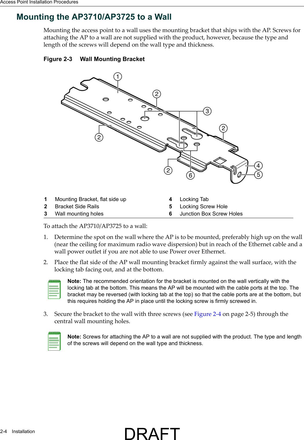 Access Point Installation Procedures2-4 InstallationMounting the AP3710/AP3725 to a WallMounting the access point to a wall uses the mounting bracket that ships with the AP. Screws for attaching the AP to a wall are not supplied with the product, however, because the type and length of the screws will depend on the wall type and thickness.Figure 2-3  Wall Mounting Bracket To attach the AP3710/AP3725 to a wall:1. Determine the spot on the wall where the AP is to be mounted, preferably high up on the wall (near the ceiling for maximum radio wave dispersion) but in reach of the Ethernet cable and a wall power outlet if you are not able to use Power over Ethernet.2. Place the flat side of the AP wall mounting bracket firmly against the wall surface, with the locking tab facing out, and at the bottom.3. Secure the bracket to the wall with three screws (see Figure 2-4 on page 2-5) through the central wall mounting holes.1Mounting Bracket, flat side up 4Locking Tab2Bracket Side Rails 5Locking Screw Hole3Wall mounting holes 6Junction Box Screw HolesNote: The recommended orientation for the bracket is mounted on the wall vertically with the locking tab at the bottom. This means the AP will be mounted with the cable ports at the top. The bracket may be reversed (with locking tab at the top) so that the cable ports are at the bottom, but this requires holding the AP in place until the locking screw is firmly screwed in.Note: Screws for attaching the AP to a wall are not supplied with the product. The type and length of the screws will depend on the wall type and thickness.DRAFT