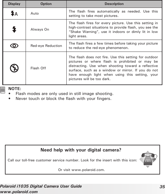 35Polaroid i1035 Digital Camera User Guidewww.polaroid.comDisplay Option DescriptionAAuto The  ash  res  automatically  as  needed.  Use  this setting to take most pictures.Always OnThe ash  res for every picture. Use  this setting in high-contrast situations to provide ash, you see the “Shake  Warning”, use it indoors  or  dimly  lit  in low light areas.Red-eye Reduction The ash res a few times before taking your picture to reduce the red-eye phenomenon.Flash OffThe ash does not re. Use this setting for outdoor pictures  or  where  ash  is  prohibited  or  may  be distracting.  Use  when  shooting  toward  a  reective surface, such  as a  window or  mirror. If  you do  not have  enough  light  when  using  this  setting,  your pictures will be too dark.   NOTE:•  Flash modes are only used in still image shooting.•  Never touch or block the ash with your ngers.Need help with your digital camera?Call our toll-free customer service number. Look for the insert with this icon:Or visit www.polaroid.com.