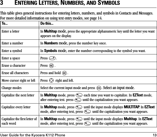 User Guide for the Kyocera K112 Phone 133ENTERING LETTERS, NUMBERS, AND SYMBOLSThis table gives general instructions for entering letters, numbers, and symbols in Contacts and Messages. For more detailed information on using text entry modes, see page 14.To... Do this...Enter a letter In Multitap mode, press the appropriate alphanumeric key until the letter you want appears on the display.Enter a number In Numbers mode, press the number key once.Enter a symbol In Symbols mode, enter the number corresponding to the symbol you want.Enter a space Press  .Erase a character Press  . Erase all characters Press and hold  .Move cursor right or left Press   right and left.Change modes Select the current input mode and press  . Select an input mode.Capitalize the next letter In Multitap mode, press   each time you want to capitalize. In EZText mode, after entering text. press   until the capitalization you want appears.Capitalize every letter In Multitap mode, press   until the input mode displays MULTITAP. In EZText mode, after entering text, press   until the capitalization you want appears.Capitalize the first letter of each wordIn Multitap mode, press   until the input mode displays Multitap. In EZText mode, after entering text, press   until the capitalization you want appears.