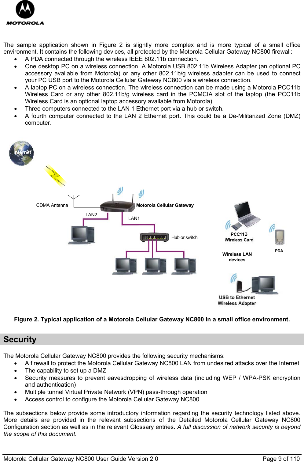  Motorola Cellular Gateway NC800 User Guide Version 2.0     Page 9 of 110   The sample application shown in Figure 2 is slightly more complex and is more typical of a small office environment. It contains the following devices, all protected by the Motorola Cellular Gateway NC800 firewall:  •  A PDA connected through the wireless IEEE 802.11b connection. •  One desktop PC on a wireless connection. A Motorola USB 802.11b Wireless Adapter (an optional PC accessory available from Motorola) or any other 802.11b/g wireless adapter can be used to connect your PC USB port to the Motorola Cellular Gateway NC800 via a wireless connection. •  A laptop PC on a wireless connection. The wireless connection can be made using a Motorola PCC11b Wireless Card or any other 802.11b/g wireless card in the PCMCIA slot of the laptop (the PCC11b Wireless Card is an optional laptop accessory available from Motorola).   •  Three computers connected to the LAN 1 Ethernet port via a hub or switch. •  A fourth computer connected to the LAN 2 Ethernet port. This could be a De-Militarized Zone (DMZ) computer.  Motorola Cellular GatewayCDMA AntennaPDAWireless LANdevicesLAN2 LAN1 Figure 2. Typical application of a Motorola Cellular Gateway NC800 in a small office environment. Security The Motorola Cellular Gateway NC800 provides the following security mechanisms: •  A firewall to protect the Motorola Cellular Gateway NC800 LAN from undesired attacks over the Internet •  The capability to set up a DMZ •  Security measures to prevent eavesdropping of wireless data (including WEP / WPA-PSK encryption and authentication) •  Multiple tunnel Virtual Private Network (VPN) pass-through operation •  Access control to configure the Motorola Cellular Gateway NC800.  The subsections below provide some introductory information regarding the security technology listed above. More details are provided in the relevant subsections of the Detailed Motorola Cellular Gateway NC800 Configuration section as well as in the relevant Glossary entries. A full discussion of network security is beyond the scope of this document.   