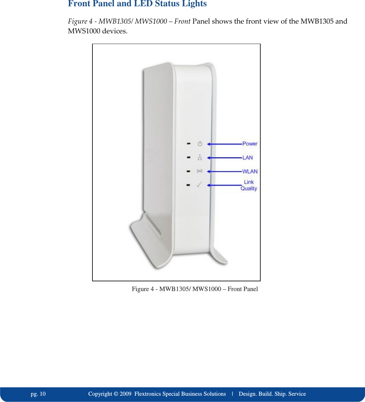   pg. 10                             Copyright &copy; 2009  Flextronics Special Business Solutions    |    Design. Build. Ship. Service  Front Panel and LED Status Lights  Figure 4 - MWB1305/ MWS1000 &ndash; Front Panel shows the front view of the MWB1305 and MWS1000 devices.  Figure 4 - MWB1305/ MWS1000 &ndash; Front Panel 