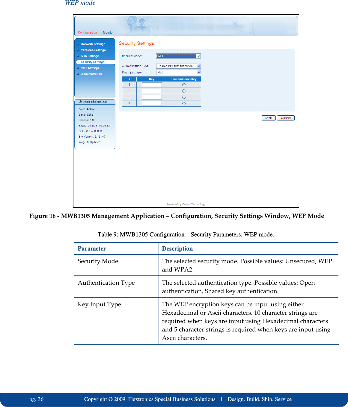   pg. 36                             Copyright &copy; 2009  Flextronics Special Business Solutions    |    Design. Build. Ship. Service WEP mode  Figure 16 - MWB1305 Management Application &ndash; Configuration, Security Settings Window, WEP Mode Table 9: MWB1305 Configuration &ndash; Security Parameters, WEP mode. Parameter  Description Security Mode  The selected security mode. Possible values: Unsecured, WEP and WPA2. Authentication Type  The selected authentication type. Possible values: Open authentication, Shared key authentication. Key Input Type  The WEP encryption keys can be input using either Hexadecimal or Ascii characters. 10 character strings are required when keys are input using Hexadecimal characters and 5 character strings is required when keys are input using Ascii characters. 