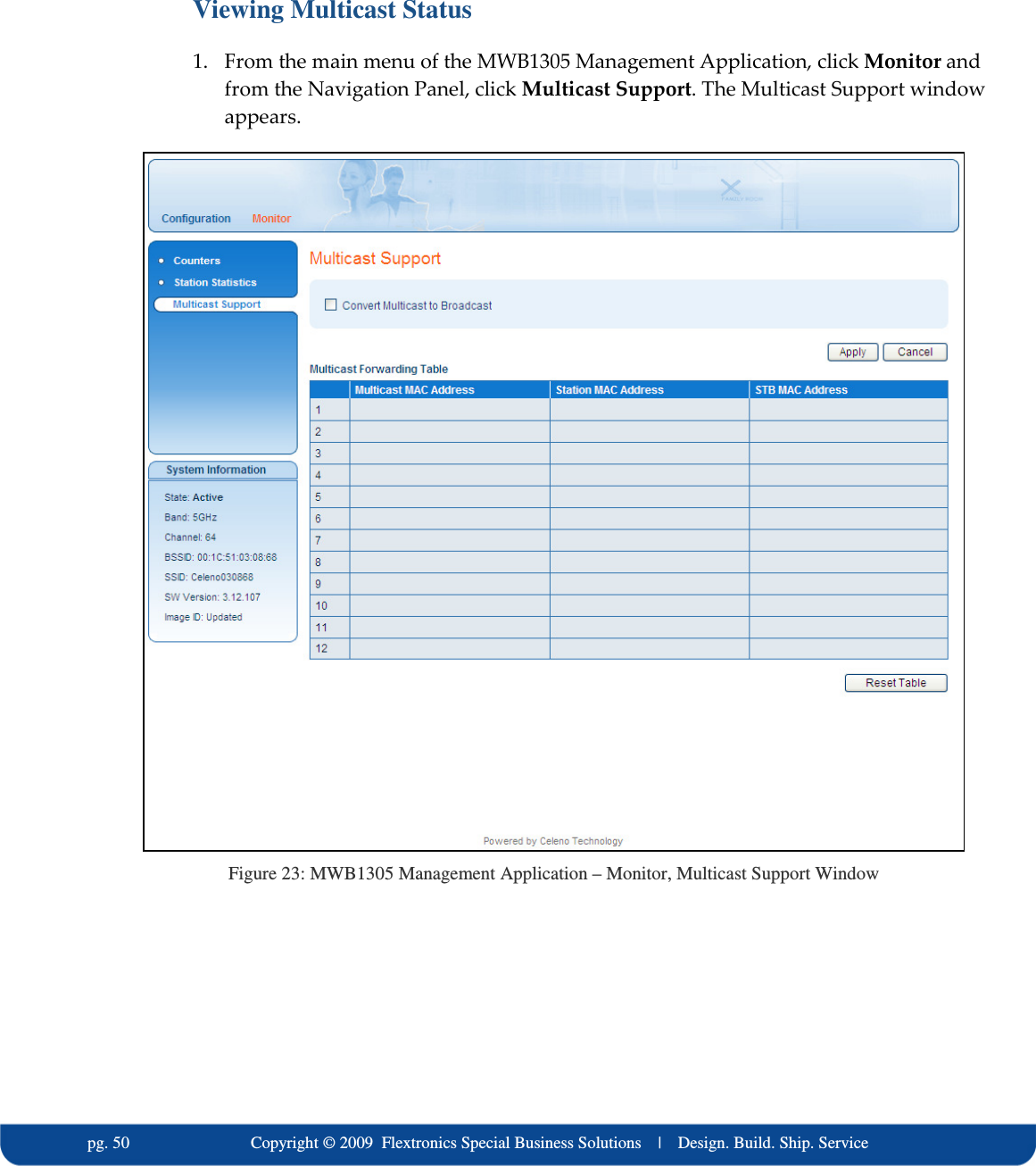   pg. 50                             Copyright &copy; 2009  Flextronics Special Business Solutions    |    Design. Build. Ship. Service Viewing Multicast Status 1. From the main menu of the MWB1305 Management Application, click Monitor and from the Navigation Panel, click Multicast Support. The Multicast Support window appears.  Figure 23: MWB1305 Management Application &ndash; Monitor, Multicast Support Window 