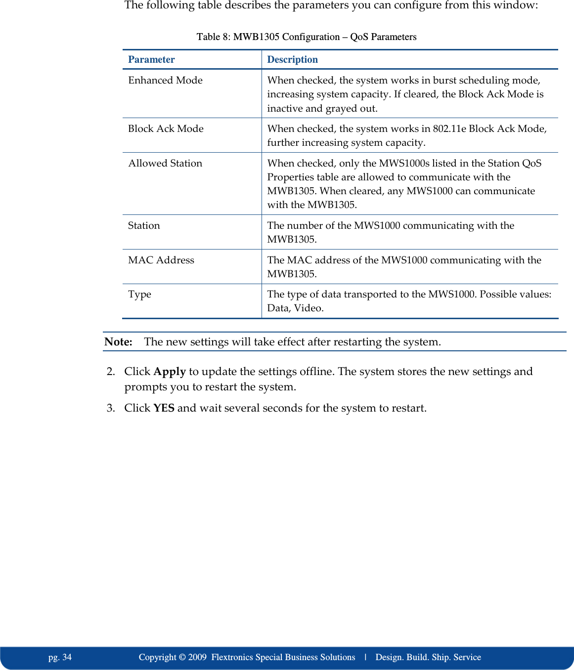   pg. 34                             Copyright &copy; 2009  Flextronics Special Business Solutions    |    Design. Build. Ship. Service The following table describes the parameters you can configure from this window: Table 8: MWB1305 Configuration &ndash; QoS Parameters Parameter  Description Enhanced Mode  When checked, the system works in burst scheduling mode, increasing system capacity. If cleared, the Block Ack Mode is inactive and grayed out. Block Ack Mode  When checked, the system works in 802.11e Block Ack Mode, further increasing system capacity. Allowed Station  When checked, only the MWS1000s listed in the Station QoS Properties table are allowed to communicate with the MWB1305. When cleared, any MWS1000 can communicate with the MWB1305. Station  The number of the MWS1000 communicating with the MWB1305. MAC Address  The MAC address of the MWS1000 communicating with the MWB1305. Type  The type of data transported to the MWS1000. Possible values: Data, Video. Note:   The new settings will take effect after restarting the system. 2. Click Apply to update the settings offline. The system stores the new settings and prompts you to restart the system. 3. Click YES and wait several seconds for the system to restart. 