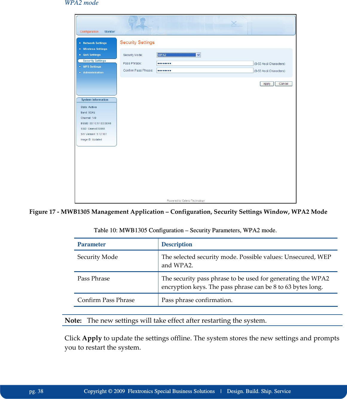   pg. 38                             Copyright &copy; 2009  Flextronics Special Business Solutions    |    Design. Build. Ship. Service WPA2 mode  Figure 17 - MWB1305 Management Application &ndash; Configuration, Security Settings Window, WPA2 Mode Table 10: MWB1305 Configuration &ndash; Security Parameters, WPA2 mode. Parameter  Description Security Mode  The selected security mode. Possible values: Unsecured, WEP and WPA2. Pass Phrase  The security pass phrase to be used for generating the WPA2 encryption keys. The pass phrase can be 8 to 63 bytes long. Confirm Pass Phrase  Pass phrase confirmation.  Note:   The new settings will take effect after restarting the system. Click Apply to update the settings offline. The system stores the new settings and prompts you to restart the system. 