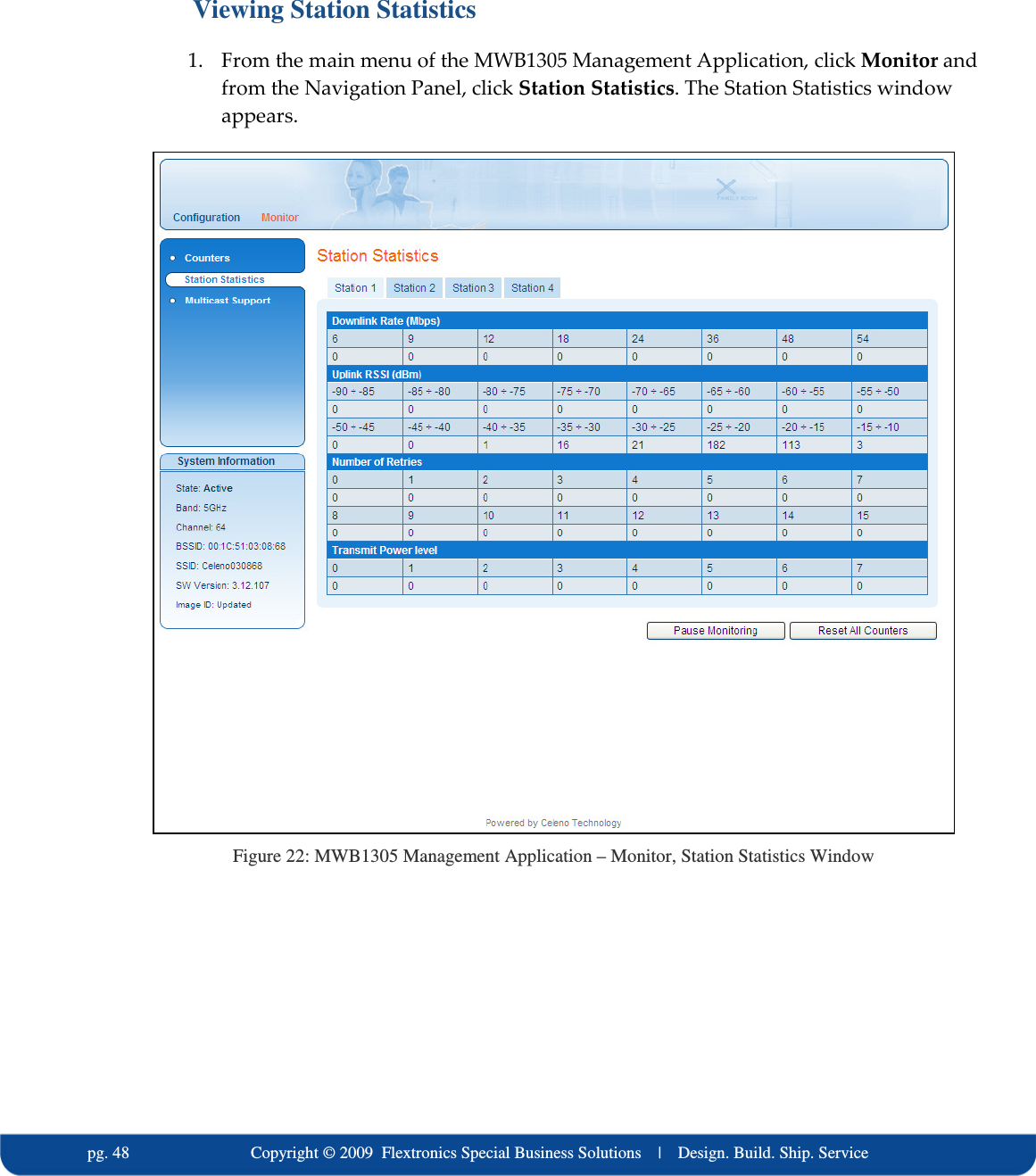   pg. 48                             Copyright &copy; 2009  Flextronics Special Business Solutions    |    Design. Build. Ship. Service Viewing Station Statistics 1. From the main menu of the MWB1305 Management Application, click Monitor and from the Navigation Panel, click Station Statistics. The Station Statistics window appears.  Figure 22: MWB1305 Management Application &ndash; Monitor, Station Statistics Window 