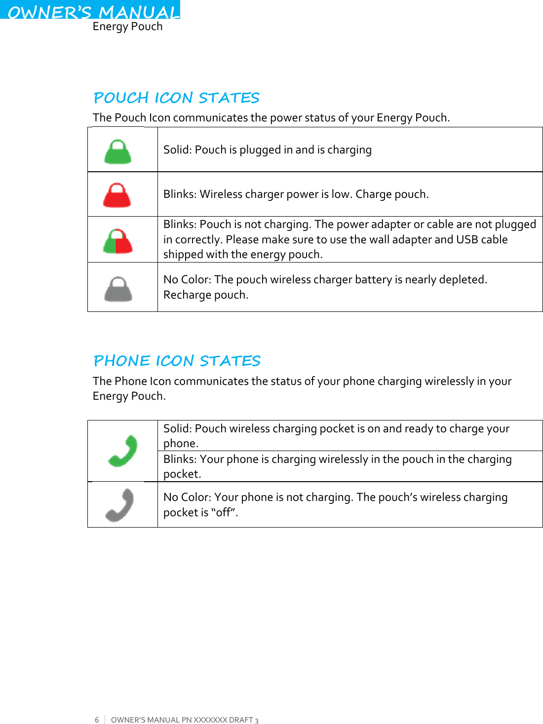  EnergyPouch6OWNER’SMANUALPNXXXXXXXDRAFT3OWNER’S MANUALPOUCH ICON STATES ThePouchIconcommunicatesthepowerstatusofyourEnergyPouch. PHONE ICON STATES ThePhoneIconcommunicatesthestatusofyourphonechargingwirelesslyinyourEnergyPouch. Solid:PouchispluggedinandischargingBlinks:Wirelesschargerpowerislow.Chargepouch.Blinks:Pouchisnotcharging.Thepoweradapterorcablearenotpluggedincorrectly.PleasemakesuretousethewalladapterandUSBcableshippedwiththeenergypouch.NoColor:Thepouchwirelesschargerbatteryisnearlydepleted.Rechargepouch.Solid:Pouchwirelesschargingpocketisonandreadytochargeyourphone.Blinks:Yourphoneischargingwirelesslyinthepouchinthechargingpocket.NoColor:Yourphoneisnotcharging.Thepouch’swirelesschargingpocketis“off”.