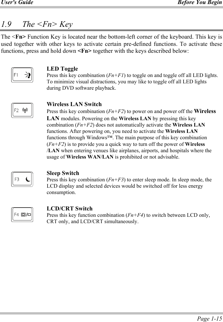 User&apos;s Guide Before You Begin  Page 1-15 1.9   The &lt;Fn&gt; Key The &lt;Fn&gt; Function Key is located near the bottom-left corner of the keyboard. This key is used together with other keys to activate certain pre-defined functions. To activate these functions, press and hold down &lt;Fn&gt; together with the keys described below:   LED Toggle Press this key combination (Fn+F1) to toggle on and toggle off all LED lights. To minimize visual distractions, you may like to toggle off all LED lights during DVD software playback.   Wireless LAN Switch Press this key combination (Fn+F2) to power on and power off the Wireless LAN modules. Powering on the Wireless LAN by pressing this key combination (Fn+F2) does not automatically activate the Wireless LAN functions. After powering on, you need to activate the Wireless LAN functions through Windows™. The main purpose of this key combination (Fn+F2) is to provide you a quick way to turn off the power of Wireless /LAN when entering venues like airplanes, airports, and hospitals where the usage of Wireless WAN/LAN is prohibited or not advisable.    Sleep Switch Press this key combination (Fn+F3) to enter sleep mode. In sleep mode, the LCD display and selected devices would be switched off for less energy consumption.    LCD/CRT Switch Press this key function combination (Fn+F4) to switch between LCD only, CRT only, and LCD/CRT simultaneously.  