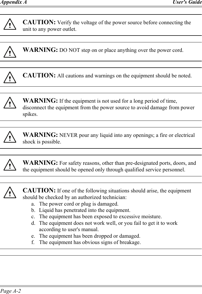 Appendix A User&apos;s Guide Page A-2  CAUTION: Verify the voltage of the power source before connecting the unit to any power outlet.    WARNING: DO NOT step on or place anything over the power cord.    CAUTION: All cautions and warnings on the equipment should be noted.    WARNING: If the equipment is not used for a long period of time, disconnect the equipment from the power source to avoid damage from power spikes.    WARNING: NEVER pour any liquid into any openings; a fire or electrical shock is possible.    WARNING: For safety reasons, other than pre-designated ports, doors, and the equipment should be opened only through qualified service personnel.    CAUTION: If one of the following situations should arise, the equipment should be checked by an authorized technician: a.  The power cord or plug is damaged. b.   Liquid has penetrated into the equipment. c.   The equipment has been exposed to excessive moisture. d.   The equipment does not work well, or you fail to get it to work according to user&apos;s manual. e.   The equipment has been dropped or damaged. f.  The equipment has obvious signs of breakage.   