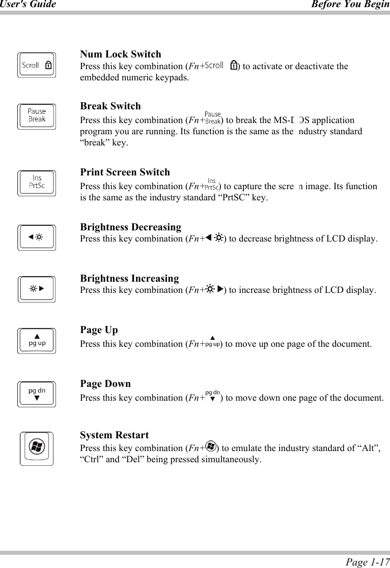 User&apos;s Guide Before You Begin  Page 1-17    Num Lock Switch Press this key combination (Fn+ ) to activate or deactivate the embedded numeric keypads.   Break Switch Press this key combination (Fn+ ) to break the MS-DOS application program you are running. Its function is the same as the industry standard “break” key.   Print Screen Switch Press this key combination (Fn+ ) to capture the screen image. Its function is the same as the industry standard “PrtSC” key.    Brightness Decreasing Press this key combination (Fn+ ) to decrease brightness of LCD display.    Brightness Increasing Press this key combination (Fn+ ) to increase brightness of LCD display.   Page Up  Press this key combination (Fn+ ) to move up one page of the document.    Page Down Press this key combination (Fn+ ) to move down one page of the document.   System Restart Press this key combination (Fn+ ) to emulate the industry standard of “Alt”, “Ctrl” and “Del” being pressed simultaneously.   