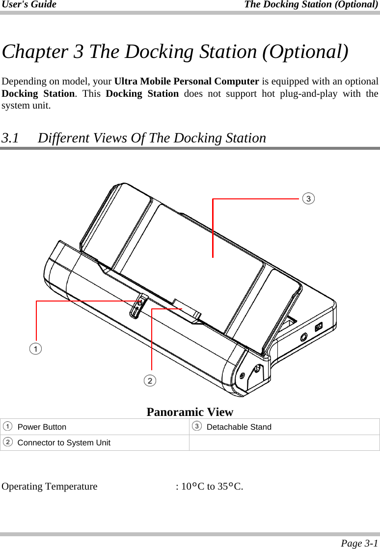 User&apos;s Guide  The Docking Station (Optional)  Page 3-1 Chapter 3 The Docking Station (Optional)  Depending on model, your Ultra Mobile Personal Computer is equipped with an optional Docking Station. This Docking Station does not support hot plug-and-play with the system unit.  3.1 Different Views Of The Docking Station    Panoramic View  Power Button  Detachable Stand  Connector to System Unit      Operating Temperature    : 10ºC to 35ºC.  