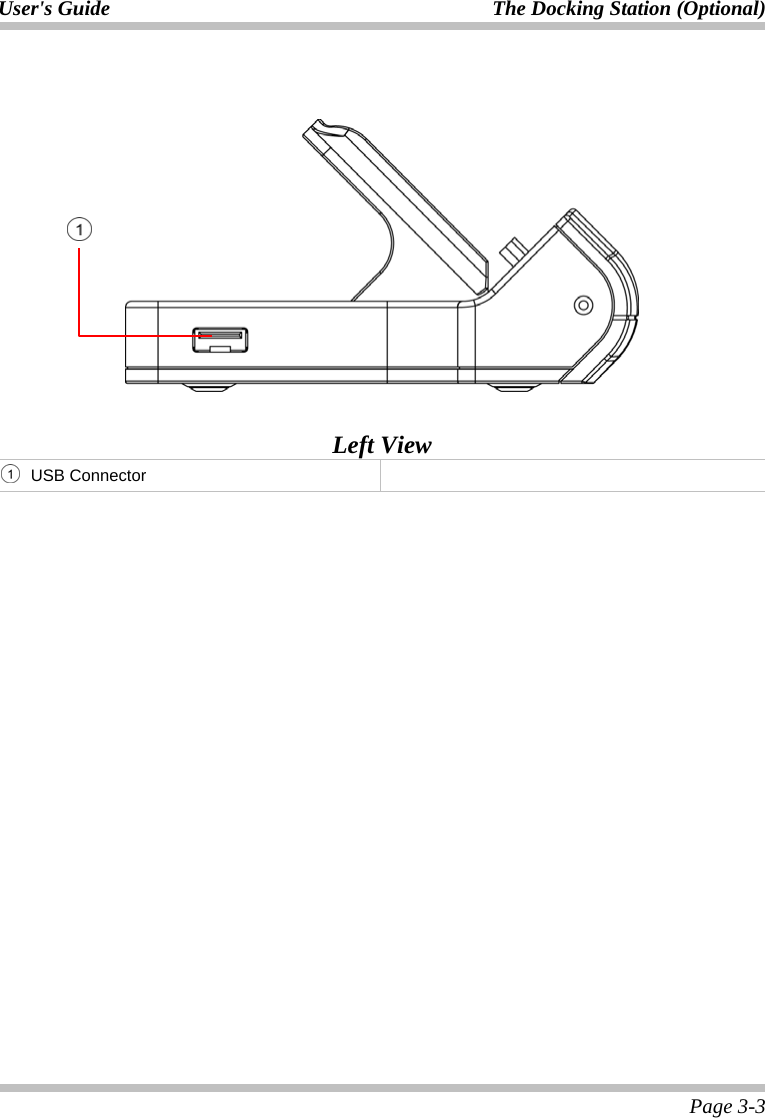 User&apos;s Guide  The Docking Station (Optional)  Page 3-3     Left View  USB Connector      