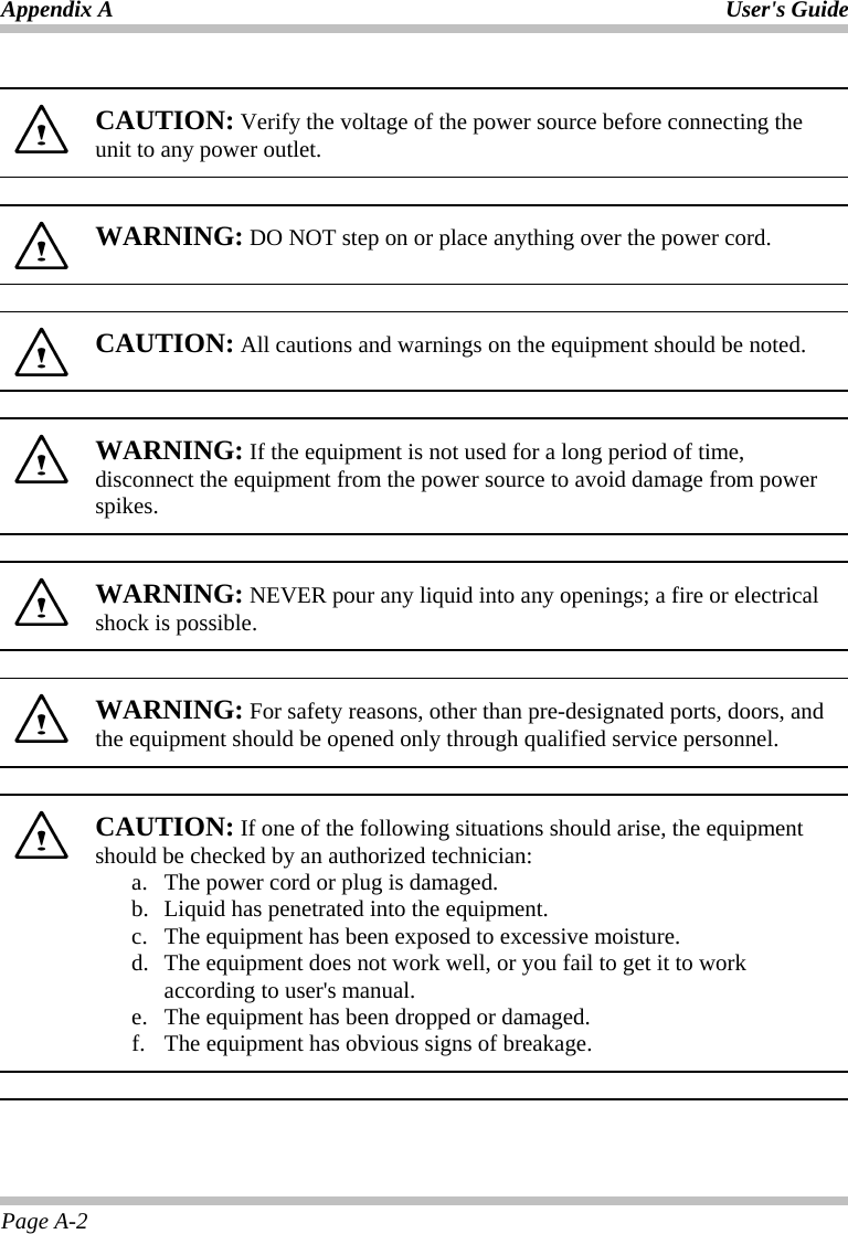 Appendix A  User&apos;s Guide Page A-2   CAUTION: Verify the voltage of the power source before connecting the unit to any power outlet.    WARNING: DO NOT step on or place anything over the power cord.    CAUTION: All cautions and warnings on the equipment should be noted.    WARNING: If the equipment is not used for a long period of time, disconnect the equipment from the power source to avoid damage from power spikes.    WARNING: NEVER pour any liquid into any openings; a fire or electrical shock is possible.    WARNING: For safety reasons, other than pre-designated ports, doors, and the equipment should be opened only through qualified service personnel.    CAUTION: If one of the following situations should arise, the equipment should be checked by an authorized technician: a.  The power cord or plug is damaged. b.  Liquid has penetrated into the equipment. c.   The equipment has been exposed to excessive moisture. d.  The equipment does not work well, or you fail to get it to work according to user&apos;s manual. e.   The equipment has been dropped or damaged. f.  The equipment has obvious signs of breakage.   