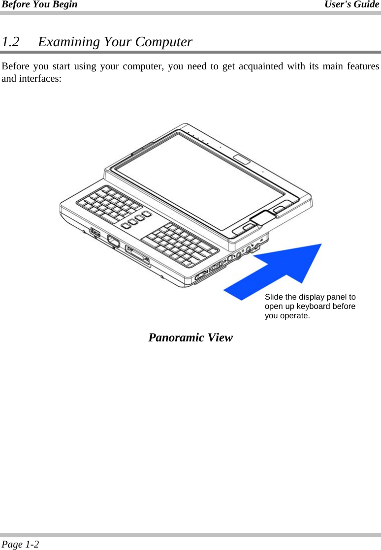 Before You Begin User&apos;s Guide Page 1-2 1.2   Examining Your Computer Before you start using your computer, you need to get acquainted with its main features and interfaces:        Panoramic View Slide the display panel to open up keyboard before you operate. 