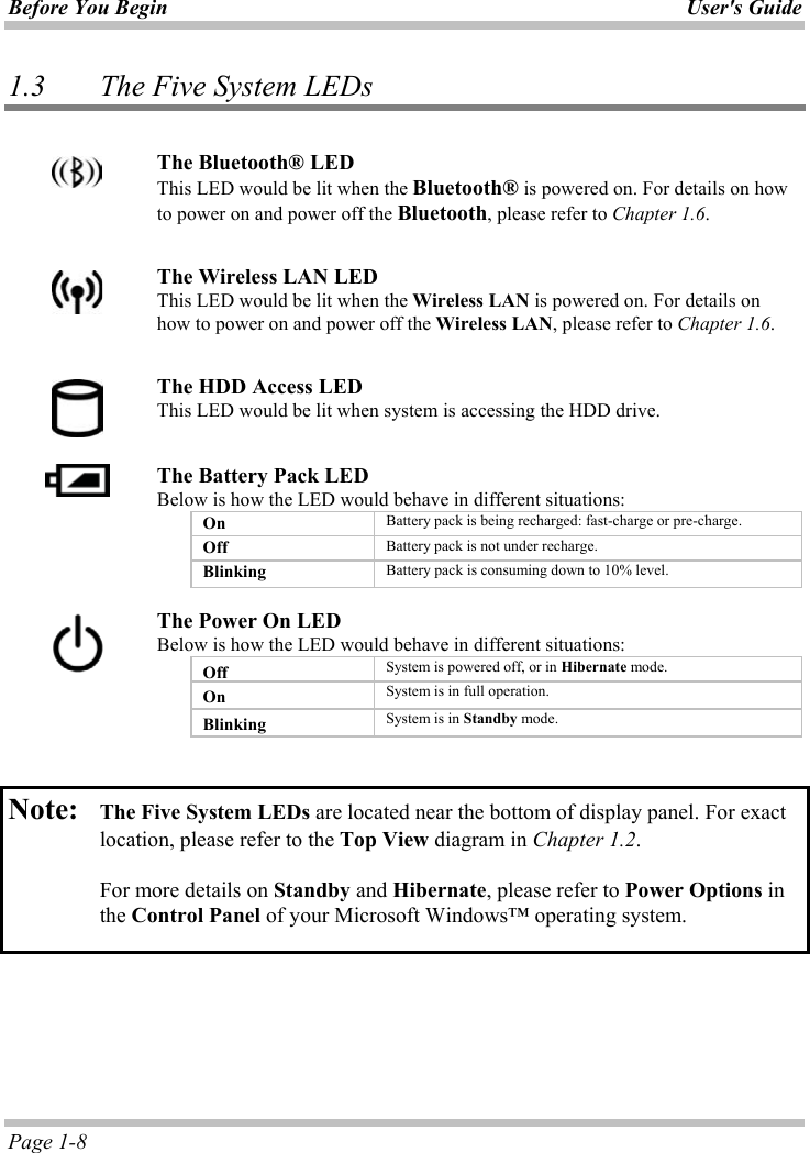 Before You Begin User&apos;s GuidePage 1-8 1.3    The Five System LEDsThe Bluetooth® LEDThis LED would be lit when the Bluetooth® is powered on. For details on how to power on and power off the Bluetooth, please refer to Chapter 1.6.ʳThe Wireless LAN LEDThis LED would be lit when the Wireless LAN is powered on. For details on how to power on and power off the Wireless LAN, please refer to Chapter 1.6.ʳThe HDD Access LEDThis LED would be lit when system is accessing the HDD drive.ʳThe Battery Pack LEDBelow is how the LED would behave in different situations:On Battery pack is being recharged: fast-charge or pre-charge. Off Battery pack is not under recharge. Blinking  Battery pack is consuming down to 10% level. The Power On LEDBelow is how the LED would behave in different situations:OffSystem is powered off, or in Hibernate mode. On System is in full operation. Blinking  System is in Standby mode. Note: The Five System LEDs are located near the bottom of display panel. For exact location, please refer to the Top View diagram in Chapter 1.2.For more details on Standby and Hibernate, please refer to Power Options in the Control Panel of your Microsoft Windows™ operating system. 