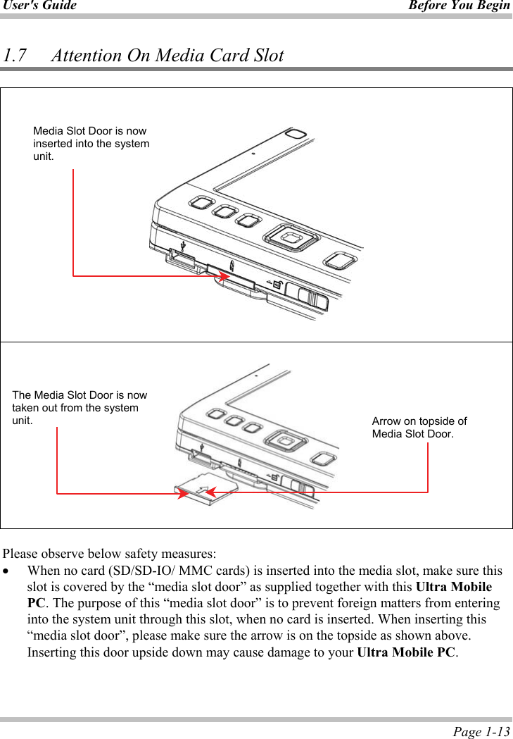 User&apos;s Guide Before You Begin  Page 1-13 1.7 Attention On Media Card Slot ʳʳʳʳPlease observe below safety measures: x When no card (SD/SD-IO/ MMC cards) is inserted into the media slot, make sure this slot is covered by the “media slot door” as supplied together with this Ultra Mobile PC. The purpose of this “media slot door” is to prevent foreign matters from entering into the system unit through this slot, when no card is inserted. When inserting this “media slot door”, please make sure the arrow is on the topside as shown above. Inserting this door upside down may cause damage to your Ultra Mobile PC.Media Slot Door is now inserted into the system unit.Arrow on topside of Media Slot Door. The Media Slot Door is now taken out from the system unit.