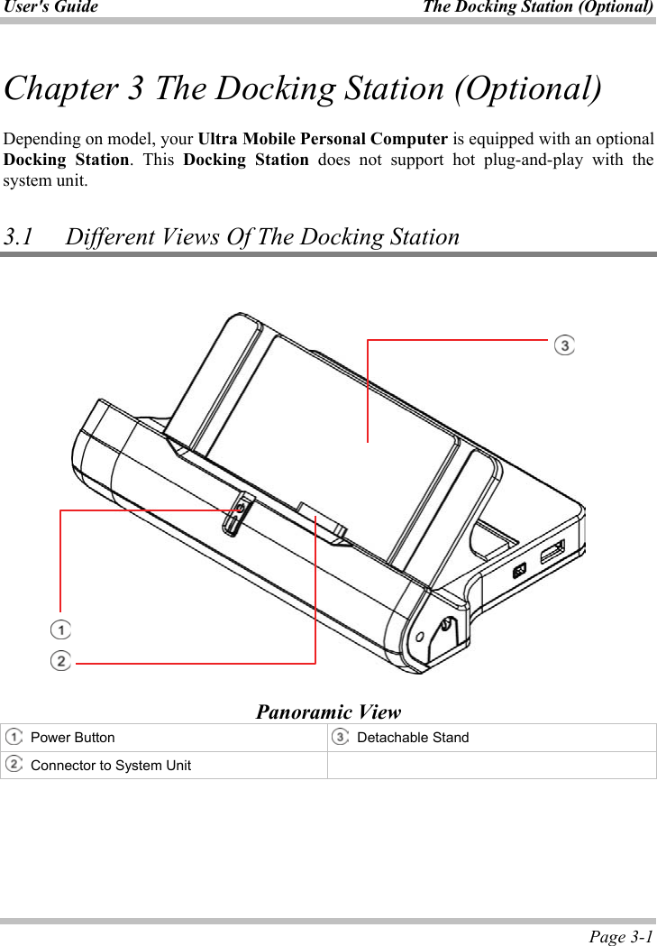 User&apos;s Guide  The Docking Station (Optional)  Page 3-1 Chapter 3 The Docking Station (Optional)Depending on model, your Ultra Mobile Personal Computer is equipped with an optional Docking Station. This Docking Station does not support hot plug-and-play with the system unit. 3.1 Different Views Of The Docking Station Panoramic View Power Button  Detachable Stand Connector to System Unit ʳʳ