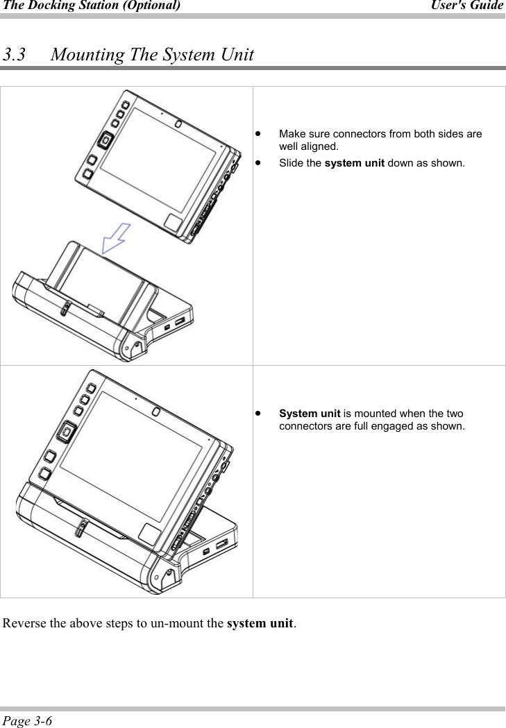 The Docking Station (Optional)  User&apos;s GuidePage 3-6 3.3 Mounting The System Unit x Make sure connectors from both sides are well aligned.x Slide the system unit down as shown.x System unit is mounted when the two connectors are full engaged as shown.Reverse the above steps to un-mount the system unit.