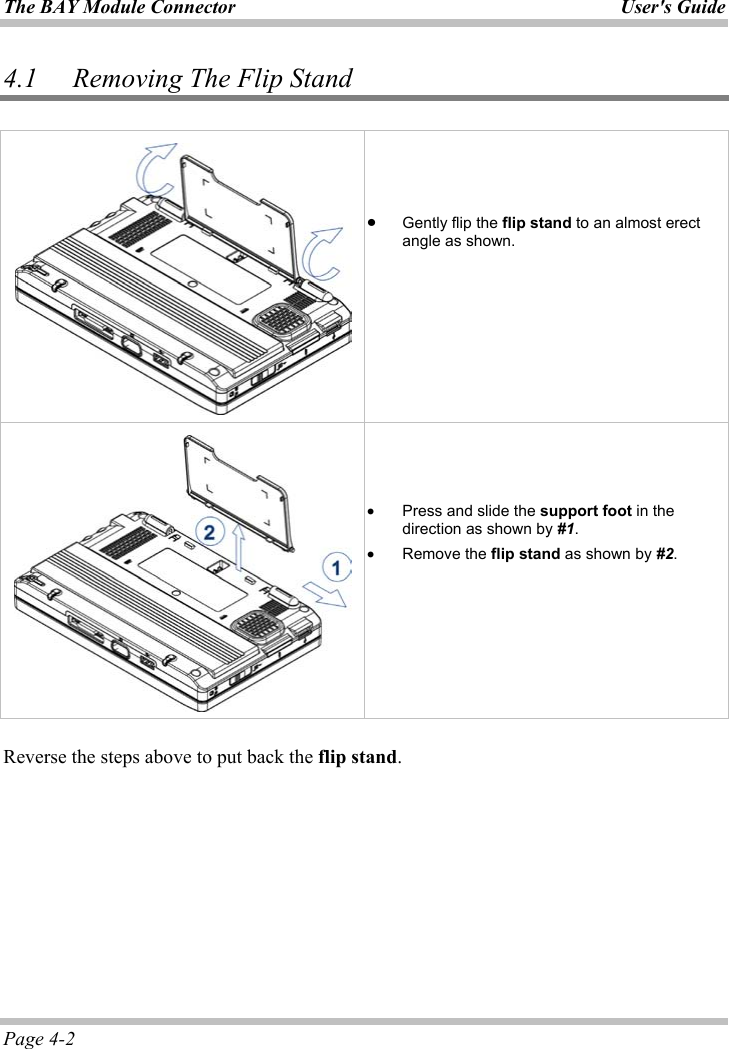 The BAY Module Connector  User&apos;s GuidePage 4-2 4.1 Removing The Flip Stand x Gently flip the flip stand to an almost erect angle as shown.x Press and slide the support foot in the direction as shown by #1.x Remove the flip stand as shown by #2.ʳReverse the steps above to put back the flip stand.