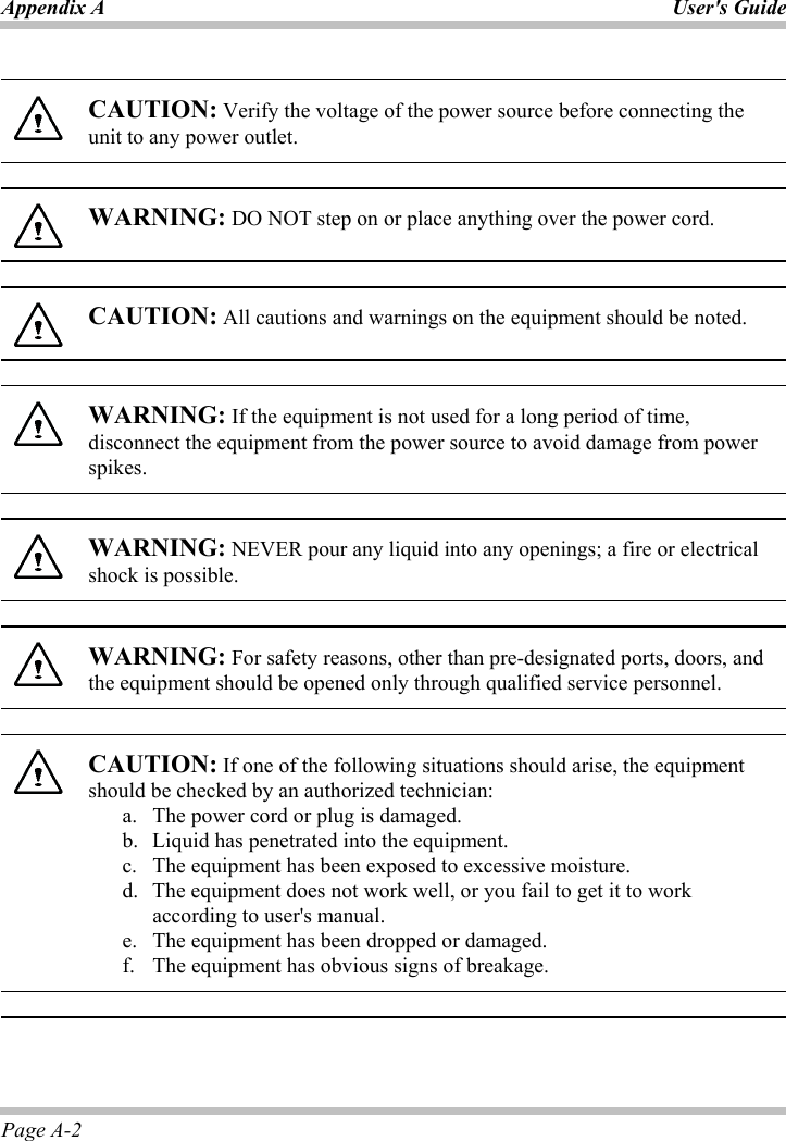 Appendix A  User&apos;s GuidePage A-2 CAUTION: Verify the voltage of the power source before connecting the unit to any power outlet. WARNING: DO NOT step on or place anything over the power cord. CAUTION: All cautions and warnings on the equipment should be noted. WARNING: If the equipment is not used for a long period of time, disconnect the equipment from the power source to avoid damage from power spikes.WARNING: NEVER pour any liquid into any openings; a fire or electrical shock is possible. WARNING: For safety reasons, other than pre-designated ports, doors, and the equipment should be opened only through qualified service personnel. CAUTION: If one of the following situations should arise, the equipment should be checked by an authorized technician: a.  The power cord or plug is damaged. b.   Liquid has penetrated into the equipment. c.   The equipment has been exposed to excessive moisture. d.   The equipment does not work well, or you fail to get it to work according to user&apos;s manual. e.   The equipment has been dropped or damaged. f.  The equipment has obvious signs of breakage. 