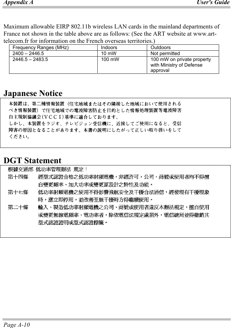 Appendix A  User&apos;s GuidePage A-10 Maximum allowable EIRP 802.11b wireless LAN cards in the mainland departments of France not shown in the table above are as follows: (See the ART website at www.art-telecom.fr for information on the French overseas territories.) Frequency Ranges (MHz)  Indoors  Outdoors 2400 – 2446.5  10 mW  Not permitted 2446.5 – 2483.5  100 mW  100 mW on private property with Ministry of Defense approvalJapanese NoticeDGT Statementʳ ʳʳ