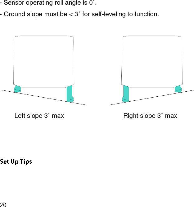 - Sensor operating roll angle is 0˚.  - Ground slope must be &lt; 3˚ for self-leveling to function.   Left slope 3˚ max       Right slope 3˚ max      