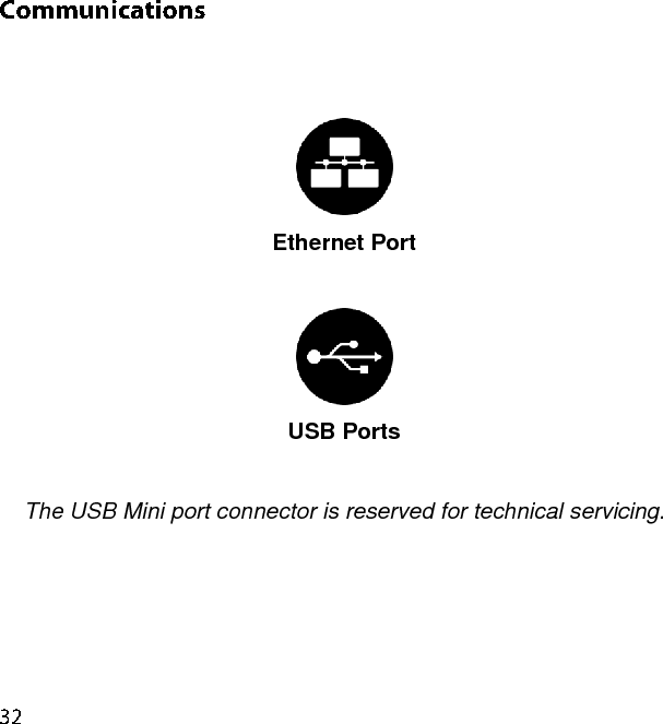  Ethernet Port   USB Ports  The USB Mini port connector is reserved for technical servicing. 