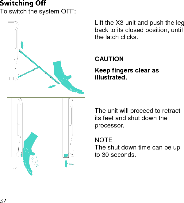 To switch the system OFF:   Lift the X3 unit and push the leg back to its closed position, until the latch clicks.    CAUTION Keep fingers clear as illustrated.    The unit will proceed to retract its feet and shut down the processor.  NOTE The shut down time can be up to 30 seconds.  