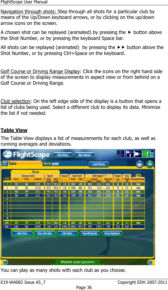 FlightScope User Manual E19-WA082 Issue A5_7                                                  Copyright EDH 2007-2011 Page 36 Navigation through shots: Step through all shots for a particular club by means of the Up/Down keyboard arrows, or by clicking on the up/down arrow icons on the screen. A chosen shot can be replayed (animated) by pressing the  button above the Shot Number, or by pressing the keyboard Space bar. All shots can be replayed (animated)  by pressing the  button above the Shot Number, or by pressing Ctrl+Space on the keyboard.   Golf Course or Driving Range Display: Click the icons on the right hand side of the screen to display measurements in aspect view or from behind on a Golf Course or Driving Range.  Club selection: On the left edge side of the display is a button that opens a list of clubs being used. Select a different club to display its data. Minimize the list if not needed.  Table View  The Table View displays a list of measurements for each club, as well as running averages and deviations.   You can play as many shots with each club as you choose.  