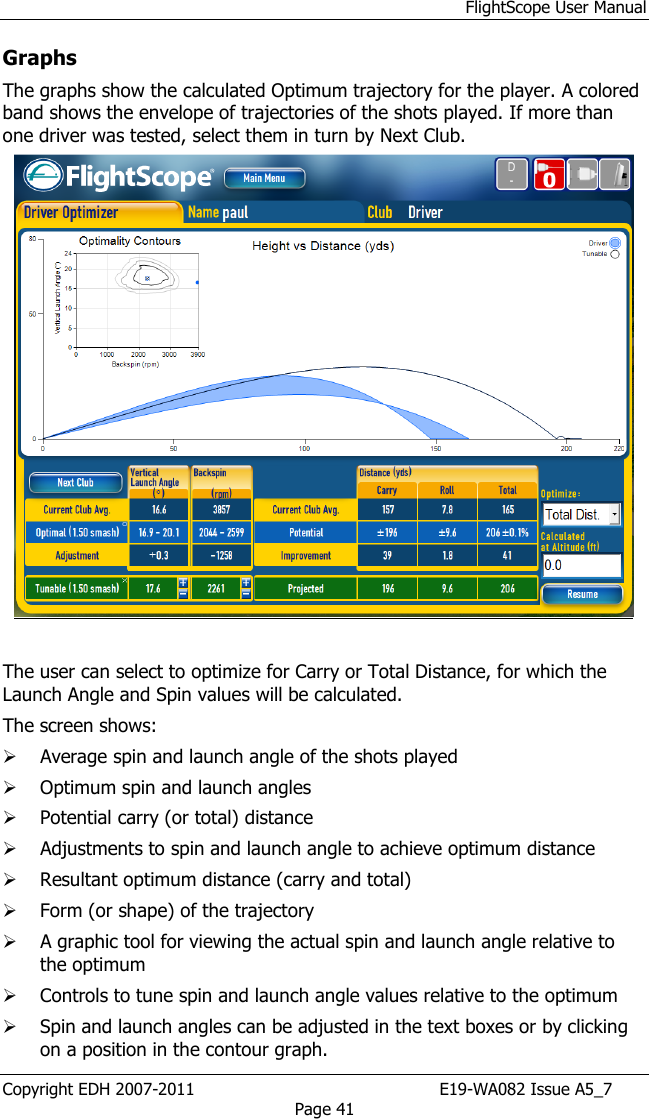 FlightScope User Manual Copyright EDH 2007-2011                                               E19-WA082 Issue A5_7 Page 41 Graphs The graphs show the calculated Optimum trajectory for the player. A colored band shows the envelope of trajectories of the shots played. If more than one driver was tested, select them in turn by Next Club.   The user can select to optimize for Carry or Total Distance, for which the Launch Angle and Spin values will be calculated. The screen shows:  Average spin and launch angle of the shots played  Optimum spin and launch angles  Potential carry (or total) distance  Adjustments to spin and launch angle to achieve optimum distance  Resultant optimum distance (carry and total)   Form (or shape) of the trajectory  A graphic tool for viewing the actual spin and launch angle relative to the optimum  Controls to tune spin and launch angle values relative to the optimum   Spin and launch angles can be adjusted in the text boxes or by clicking on a position in the contour graph. 