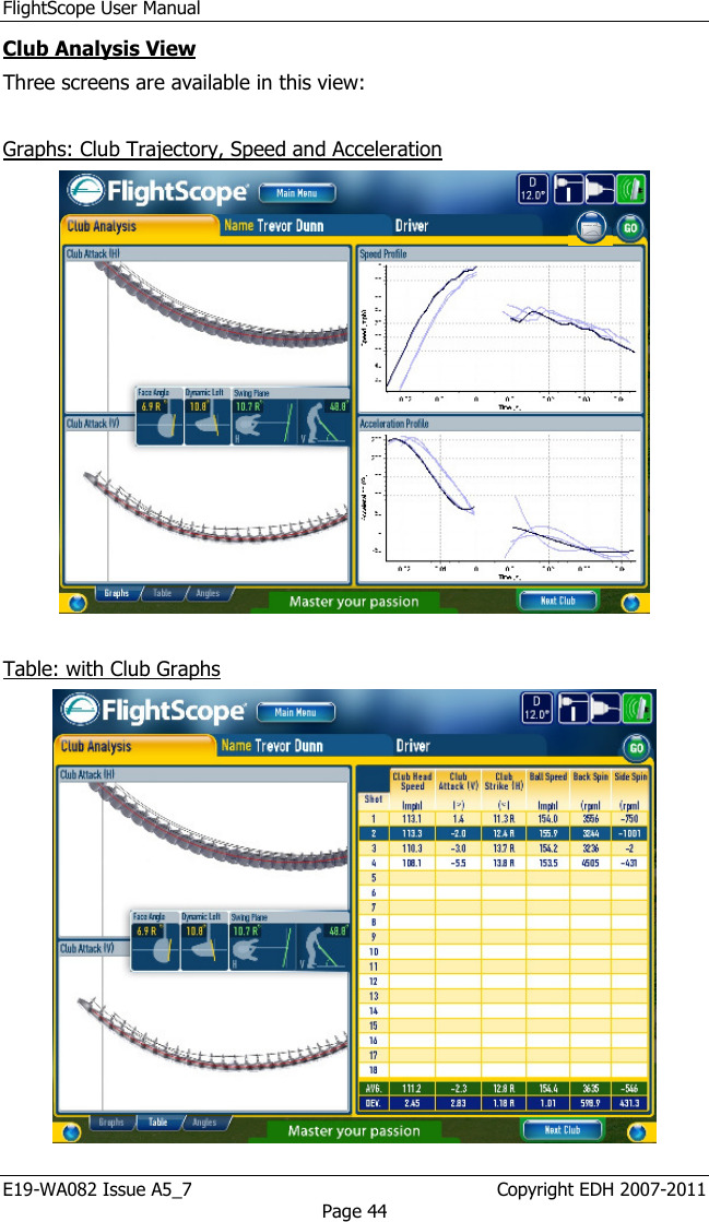 FlightScope User Manual E19-WA082 Issue A5_7                                                  Copyright EDH 2007-2011 Page 44 Club Analysis View  Three screens are available in this view:  Graphs: Club Trajectory, Speed and Acceleration   Table: with Club Graphs  