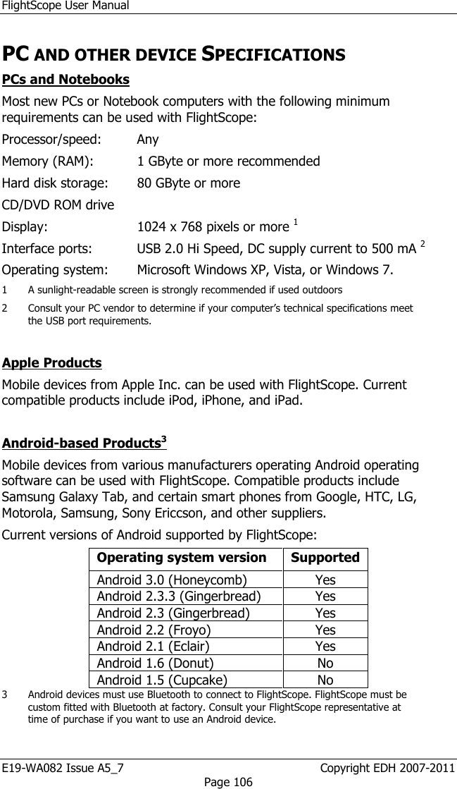 FlightScope User Manual E19-WA082 Issue A5_7                                                  Copyright EDH 2007-2011 Page 106 PC AND OTHER DEVICE SPECIFICATIONS PCs and Notebooks Most new PCs or Notebook computers with the following minimum requirements can be used with FlightScope: Processor/speed:   Any Memory (RAM):  1 GByte or more recommended Hard disk storage:  80 GByte or more CD/DVD ROM drive   Display:    1024 x 768 pixels or more 1 Interface ports:  USB 2.0 Hi Speed, DC supply current to 500 mA 2 Operating system:  Microsoft Windows XP, Vista, or Windows 7. 1  A sunlight-readable screen is strongly recommended if used outdoors 2   Consult your PC vendor to determine if your computer’s technical specifications meet the USB port requirements.   Apple Products Mobile devices from Apple Inc. can be used with FlightScope. Current compatible products include iPod, iPhone, and iPad.   Android-based Products3 Mobile devices from various manufacturers operating Android operating software can be used with FlightScope. Compatible products include Samsung Galaxy Tab, and certain smart phones from Google, HTC, LG, Motorola, Samsung, Sony Ericcson, and other suppliers. Current versions of Android supported by FlightScope: Operating system version  Supported Android 3.0 (Honeycomb)  Yes Android 2.3.3 (Gingerbread)  Yes Android 2.3 (Gingerbread)  Yes Android 2.2 (Froyo)  Yes Android 2.1 (Eclair)   Yes Android 1.6 (Donut)  No Android 1.5 (Cupcake)  No 3   Android devices must use Bluetooth to connect to FlightScope. FlightScope must be custom fitted with Bluetooth at factory. Consult your FlightScope representative at time of purchase if you want to use an Android device. 