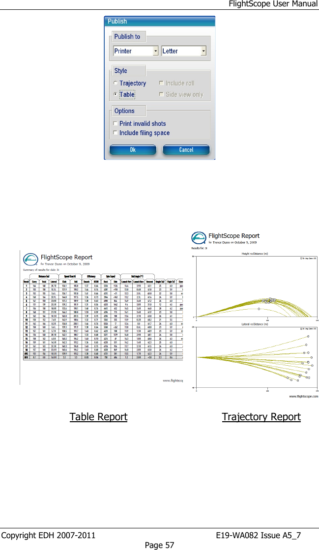 FlightScope User Manual Copyright EDH 2007-2011                                               E19-WA082 Issue A5_7 Page 57             Table Report  Trajectory Report  