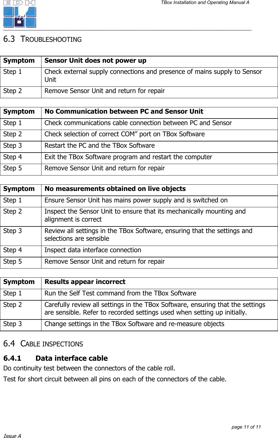 TBox Installation and Operating Manual A   ______________________________________________________________________________________________         page 11 of 11 Issue A 6.3 TROUBLESHOOTING  Symptom  Sensor Unit does not power up Step 1  Check external supply connections and presence of mains supply to Sensor Unit  Step 2  Remove Sensor Unit and return for repair   Symptom  No Communication between PC and Sensor Unit Step 1  Check communications cable connection between PC and Sensor Step 2  Check selection of correct COM” port on TBox Software Step 3  Restart the PC and the TBox Software Step 4  Exit the TBox Software program and restart the computer Step 5  Remove Sensor Unit and return for repair   Symptom  No measurements obtained on live objects Step 1  Ensure Sensor Unit has mains power supply and is switched on Step 2  Inspect the Sensor Unit to ensure that its mechanically mounting and alignment is correct Step 3  Review all settings in the TBox Software, ensuring that the settings and selections are sensible Step 4  Inspect data interface connection  Step 5  Remove Sensor Unit and return for repair    Symptom  Results appear incorrect Step 1  Run the Self Test command from the TBox Software Step 2  Carefully review all settings in the TBox Software, ensuring that the settings are sensible. Refer to recorded settings used when setting up initially. Step 3  Change settings in the TBox Software and re-measure objects 6.4 CABLE INSPECTIONS 6.4.1  Data interface cable  Do continuity test between the connectors of the cable roll.  Test for short circuit between all pins on each of the connectors of the cable. 