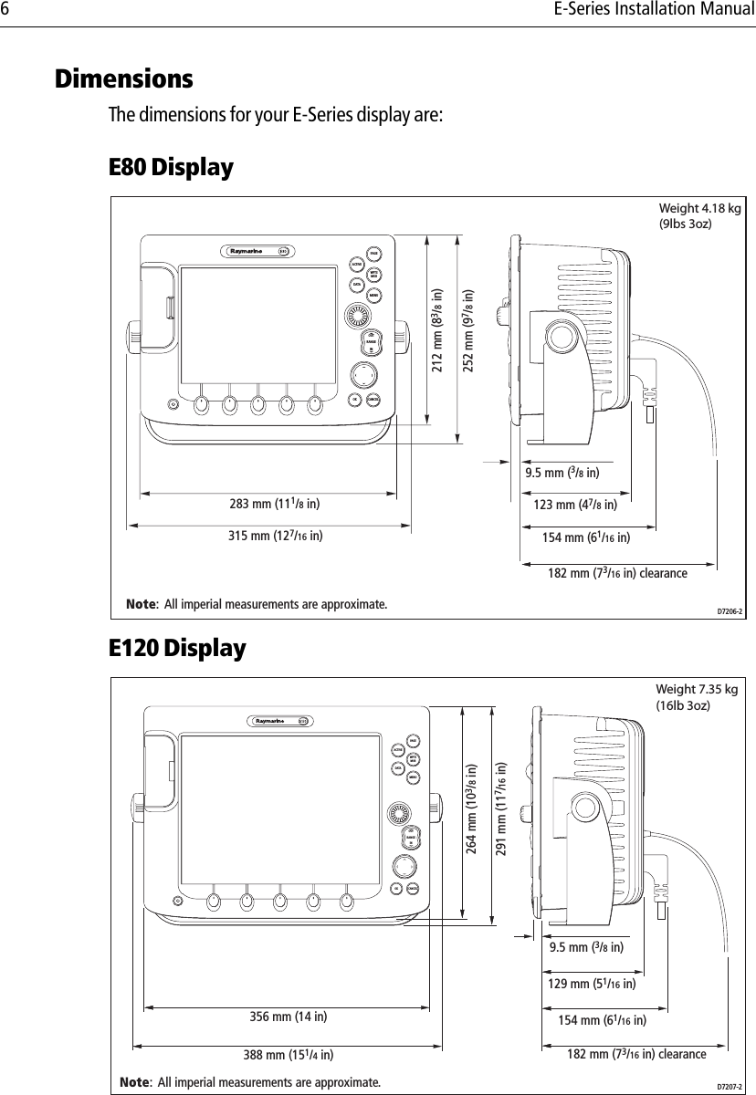 6 E-Series Installation ManualDimensionsThe dimensions for your E-Series display are:E80 Display            E120 Display            CANCELOKRANGEINOUTPAGEACTIVEWPTSMOBMENUDATA283 mm (111/8 in)9.5 mm (3/8 in)315 mm (127/16 in)123 mm (47/8 in)212 mm (83/8 in)252 mm (97/8 in)D7206-2182 mm (73/16 in) clearance154 mm (61/16 in)Weight 4.18 kg(9lbs 3oz)Note:  All imperial measurements are approximate.PAGEACTIVEWPTSMOBMENUDATACANCELOKRANGEINOUTNote:  All imperial measurements are approximate.264 mm (103/8 in)291 mm (117/16 in) 9.5 mm (3/8 in)129 mm (51/16 in)182 mm (73/16 in) clearance154 mm (61/16 in)D7207-2356 mm (14 in)388 mm (151/4 in)Weight 7.35 kg(16lb 3oz)