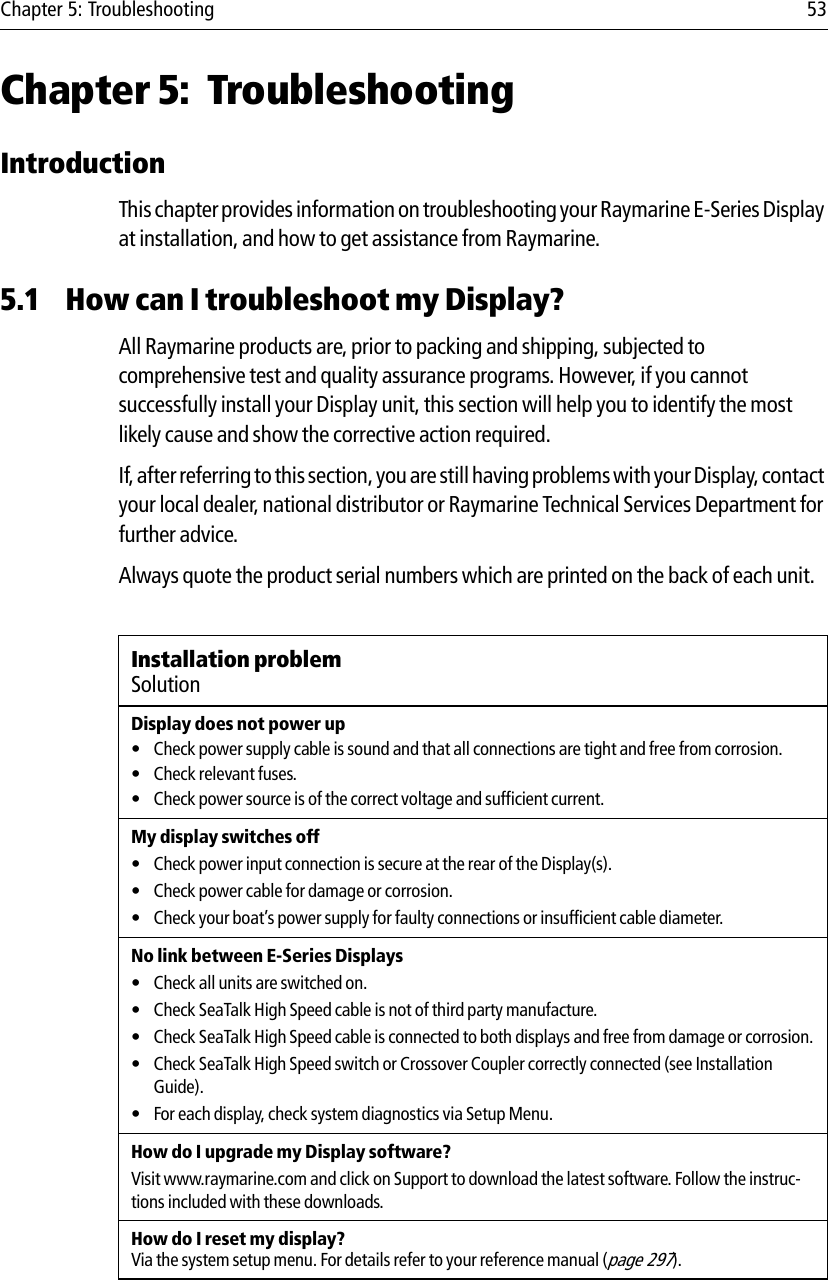 Chapter 5: Troubleshooting 53Chapter 5: TroubleshootingIntroductionThis chapter provides information on troubleshooting your Raymarine E-Series Display at installation, and how to get assistance from Raymarine.5.1 How can I troubleshoot my Display?All Raymarine products are, prior to packing and shipping, subjected to comprehensive test and quality assurance programs. However, if you cannot successfully install your Display unit, this section will help you to identify the most likely cause and show the corrective action required.If, after referring to this section, you are still having problems with your Display, contact your local dealer, national distributor or Raymarine Technical Services Department for further advice.Always quote the product serial numbers which are printed on the back of each unit.            Installation problemSolutionDisplay does not power up• Check power supply cable is sound and that all connections are tight and free from corrosion.• Check relevant fuses.• Check power source is of the correct voltage and sufficient current.My display switches off• Check power input connection is secure at the rear of the Display(s).• Check power cable for damage or corrosion.• Check your boat’s power supply for faulty connections or insufficient cable diameter.No link between E-Series Displays• Check all units are switched on.• Check SeaTalk High Speed cable is not of third party manufacture.• Check SeaTalk High Speed cable is connected to both displays and free from damage or corrosion.• Check SeaTalk High Speed switch or Crossover Coupler correctly connected (see Installation Guide).• For each display, check system diagnostics via Setup Menu.How do I upgrade my Display software?Visit www.raymarine.com and click on Support to download the latest software. Follow the instruc-tions included with these downloads.How do I reset my display?Via the system setup menu. For details refer to your reference manual (page 297).