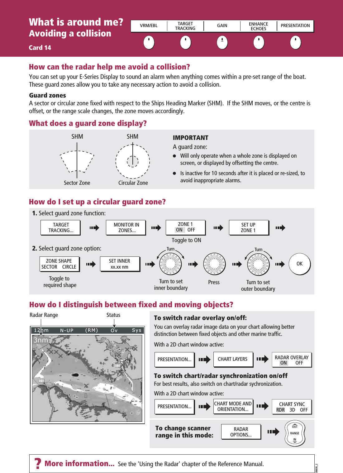 See the &apos;Using the Radar&apos; chapter of the Reference Manual. D8838_2?More information...How do I set up a circular guard zone?Turn to setinner boundary Turn to setouter boundary1. Select guard zone function:2. Select guard zone option:Press OKTARGETTRACKING...MONITOR IN ZONES...SET UPZONE 1SET INNERxx.xx nmZONE 1ON    OFFZONE SHAPESECTOR    CIRCLEToggle to ONTurnTurnHow do I distinguish between fixed and moving objects?With a 2D chart window active:With a 2D chart window active:To switch chart/radar synchronization on/offFor best results, also switch on chart/radar sychronization.Toggle to required shapeWhat does a guard zone display?Will only operate when a whole zone is displayed on screen, or displayed by offsetting the centre.Is inactive for 10 seconds after it is placed or re-sized, to avoid inappropriate alarms.Sector ZoneSHMCircular ZoneSHM IMPORTANTA guard zone:How can the radar help me avoid a collision?You can set up your E-Series Display to sound an alarm when anything comes within a pre-set range of the boat. These guard zones allow you to take any necessary action to avoid a collision.  Guard zonesA sector or circular zone fixed with respect to the Ships Heading Marker (SHM).  If the SHM moves, or the centre is offset, or the range scale changes, the zone moves accordingly.You can overlay radar image data on your chart allowing better distinction between fixed objects and other marine traffic.PRESENTATION... CHART LAYERSRADAROPTIONS...12nm N-UP (RM) Ov SysStatusRadar RangeRADAR OVERLAYON       OFFPRESENTATION... CHART MODE ANDORIENTATION...To switch radar overlay on/off:To change scanner range in this mode:CHART SYNCRDR    3D    OFFWhat is around me?Avoiding a collisionCard 14VRM/EBL TARGETTRACKING GAIN ENHANCEECHOES PRESENTATIONRANGEINOUT