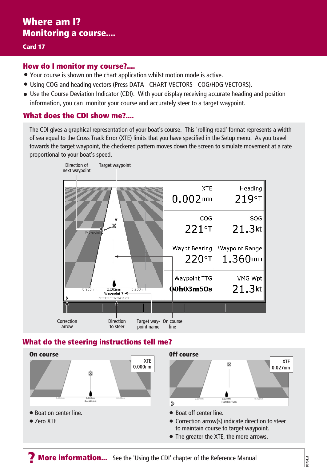 Where am I?Monitoring a course....Card 17See the &apos;Using the CDI&apos; chapter of the Reference ManualD6734_4?More information...What do the steering instructions tell me?Boat off center line.Correction arrow(s) indicate direction to steer to maintain course to target waypoint.The greater the XTE, the more arrows.On courseBoat on center line.Zero XTE0ff courseXTE0.027nmXTE0.000nmHow do I monitor my course?....Your course is shown on the chart application whilst motion mode is active.Using COG and heading vectors (Press DATA - CHART VECTORS - COG/HDG VECTORS).Use the Course Deviation Indicator (CDI).  With your display receiving accurate heading and position information, you can  monitor your course and accurately steer to a target waypoint.What does the CDI show me?....The CDI gives a graphical representation of your boat&apos;s course.  This &apos;rolling road&apos; format represents a width of sea equal to the Cross Track Error (XTE) limits that you have specified in the Setup menu.  As you travel towards the target waypoint, the checkered pattern moves down the screen to simulate movement at a rate proportional to your boat&apos;s speed.On courselineTarget way-point nameTarget waypointCorrectionarrowDirectionto steerDirection ofnext waypoint