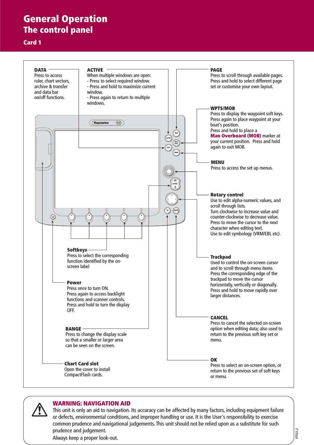 PAGEACTIVEWPTSMOBMENUDATACANCELOKRANGEINOUTD7523_2OKPress to select an on-screen option, or return to the previous set of soft keys or menu.DATAPress to access ruler, chart vectors, archive &amp; transfer and data bar on/off functions.TrackpadUsed to control the on-screen cursor and to scroll through menu items.Press the corresponding edge of the trackpad to move the cursor horizontally, vertically or diagonally.Press and hold to move rapidly over larger distances.CANCELPress to cancel the selected on-screen option when editing data; also used to return to the previous soft key set or menu.MENUPress to access the set up menus.ACTIVEWhen multiple windows are open:- Press to select required window.- Press and hold to maximize current window.- Press again to return to multiple windows.PAGEPress to scroll through available pages.Press and hold to select different page set or customise your own layout.WPTS/MOBPress to display the waypoint soft keys.Press again to place waypoint at your boat&apos;s position.Press and hold to place a  Man Overboard (MOB) marker at your current position.  Press and hold again to exit MOB.RANGEPress to change the display scale so that a smaller or larger area can be seen on the screen.PowerPress once to turn ON.Press again to access backlight functions and scanner controls. Press and hold to turn the display OFF.Chart Card slot Open the cover to install CompactFlash cards.SoftkeysPress to select the corresponding function identified by the on-screen labelRotary controlUse to edit alpha-numeric values, and scroll through lists.Turn clockwise to increase value and counter-clockwise to decrease value.Press to move the cursor to the next character when editing text. Use to edit symbology (VRM/EBL etc).WARNING: NAVIGATION AIDThis unit is only an aid to navigation. Its accuracy can be affected by many factors, including equipment failure or defects, environmental conditions, and improper handling or use. It is the User&apos;s responsibility to exercise common prudence and navigational judgements. This unit should not be relied upon as a substitute for such prudence and judgement.Always keep a proper look-out.General OperationThe control panelCard 1